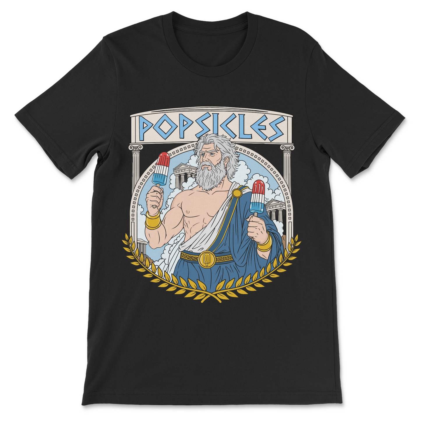 Funny history and mythology shirt combining Greek philosopher humor with an original Popsicles god illustration.