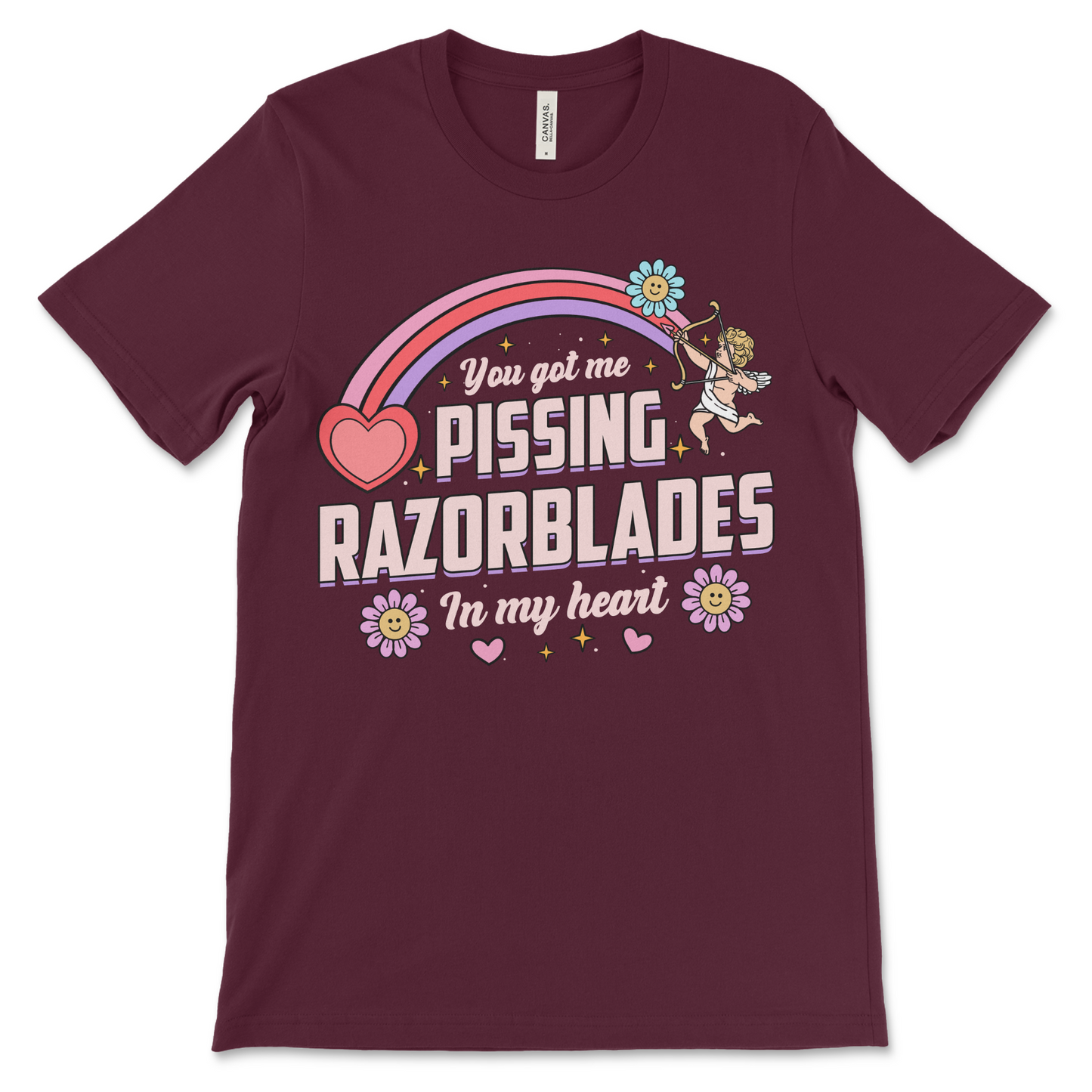 maroon t shirt with the phrase “Pissing Razorblades,” obnoxious and really offensive design, inappropriate dark humor shirt, weird funny couples gift and raunchy dirty adult humor shirt.
