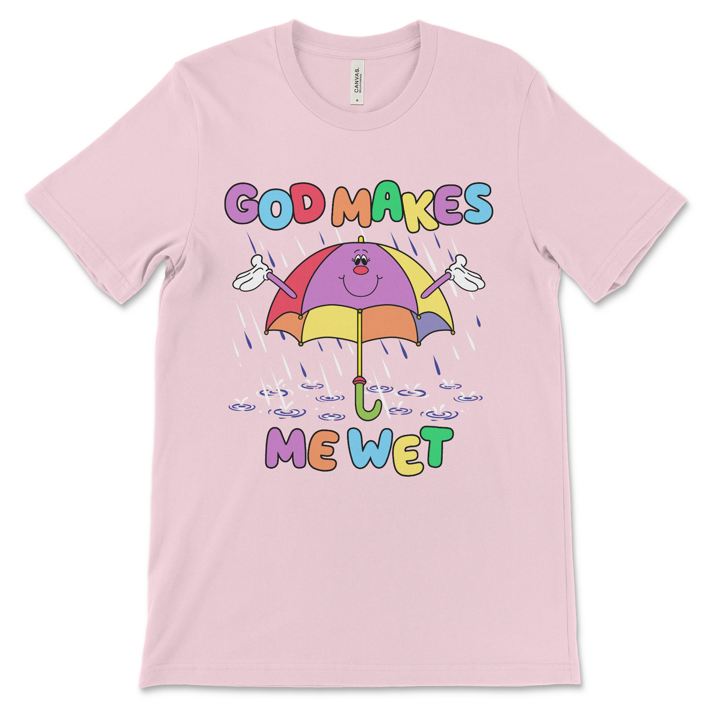 women’s graphic tee that says “God Makes Me Wet.” A funny adult humor shirt with a raunchy twist.