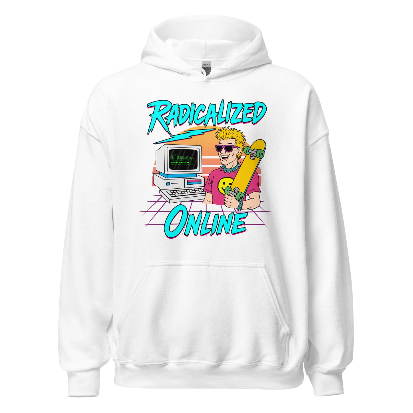 Funny satire sweatshirt about being radicalized online with dark humor tone, Ironic political meme hoodie mixing retro 80s graphics and sarcasm