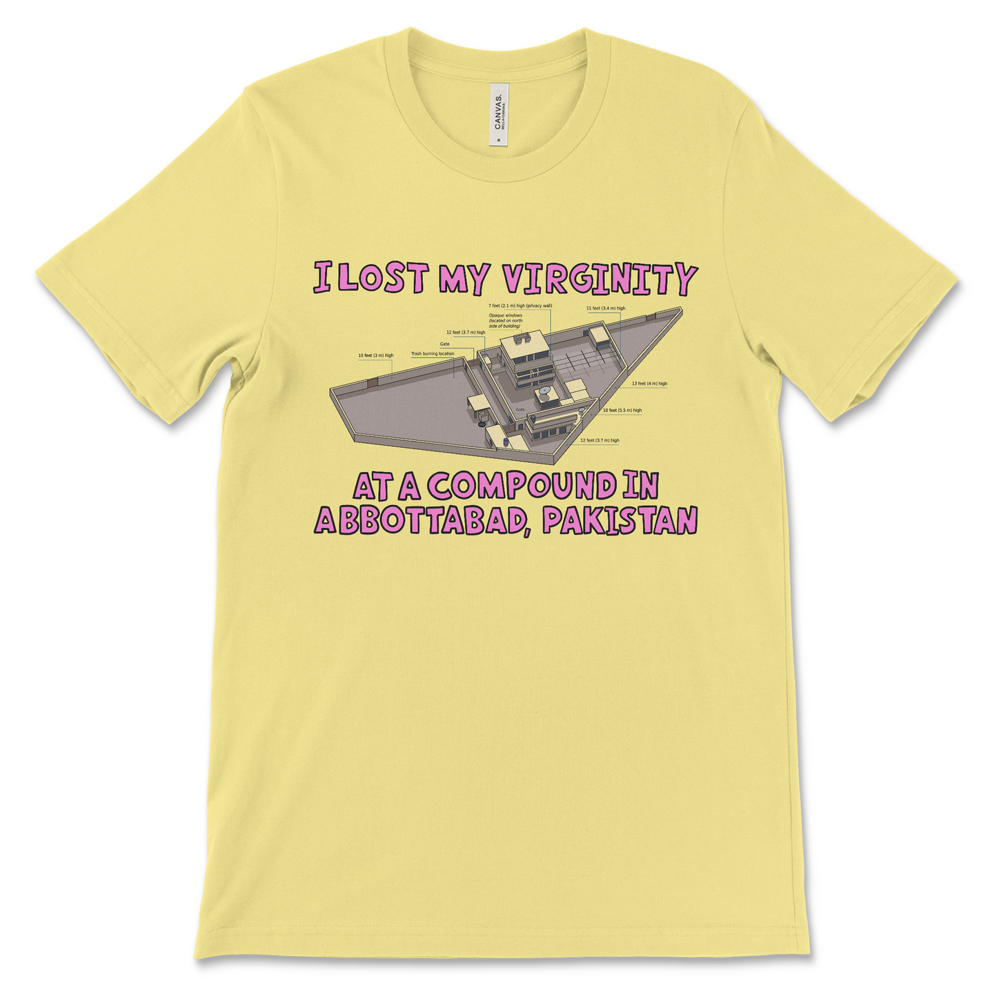 funny 9/11 shirt that says I Lost My Virginity at a Compound in Abbottabad offensive meme shirt with dark humor political joke and inappropriate quote about 9/11 and osama bin Laden