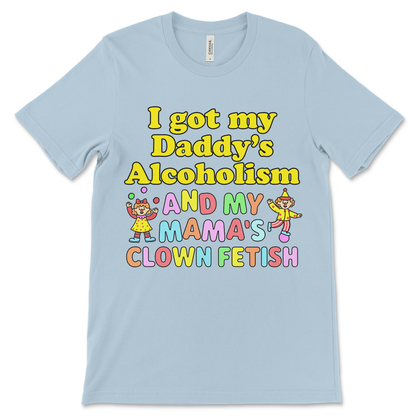 Obscene clown fetish shirt with BDSM joke text, weird meme design, and inappropriate humor.