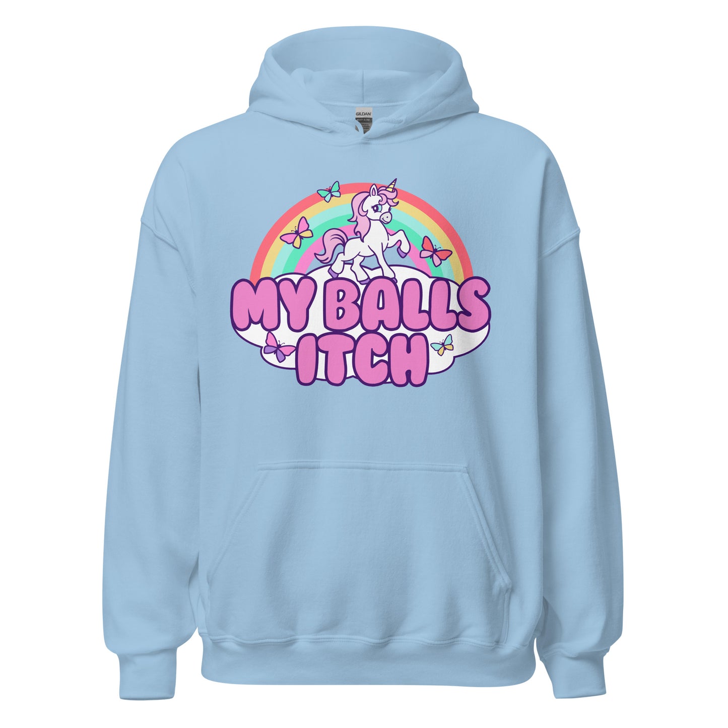 Offensive unicorn hoodie with a ridiculous, vulgar design for fans of inappropriate humor and adult meme clothing.
