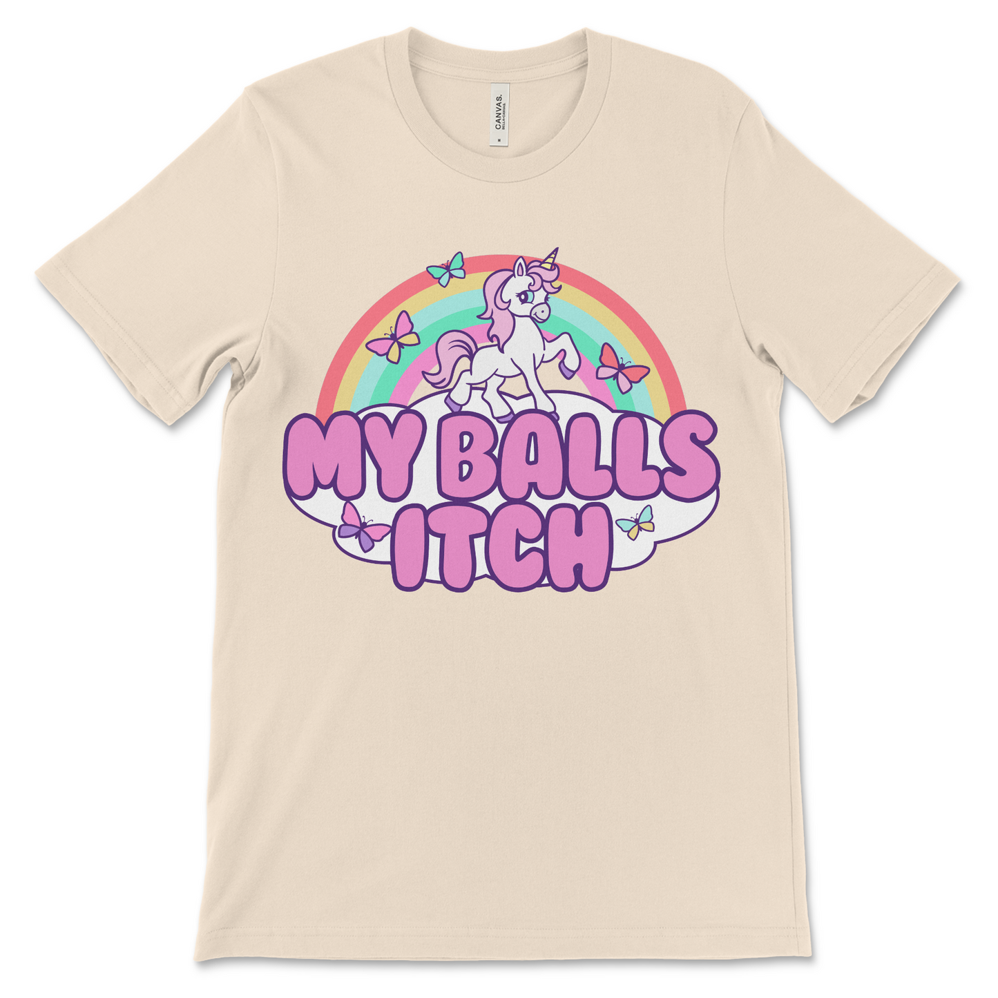 Absurd humor unicorn shirt featuring the text “My Balls Itch” in bold lettering. Perfect for unhinged novelty gifts, rude graphic t-shirts, and fans of chaotic, inappropriate fashion.