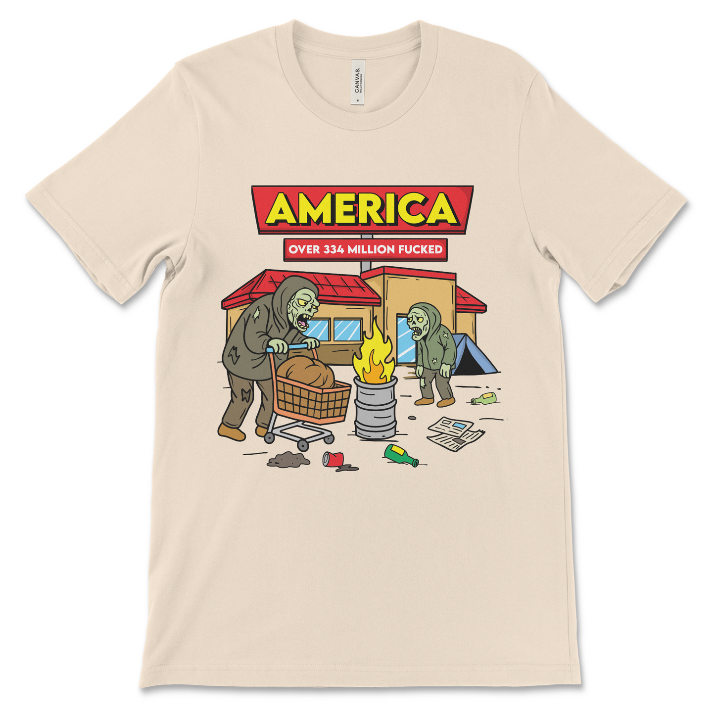 Graphic tee with a political meme slogan critiquing America. Designed for people who like dark humor, protest shirts, and usa meme shirts.