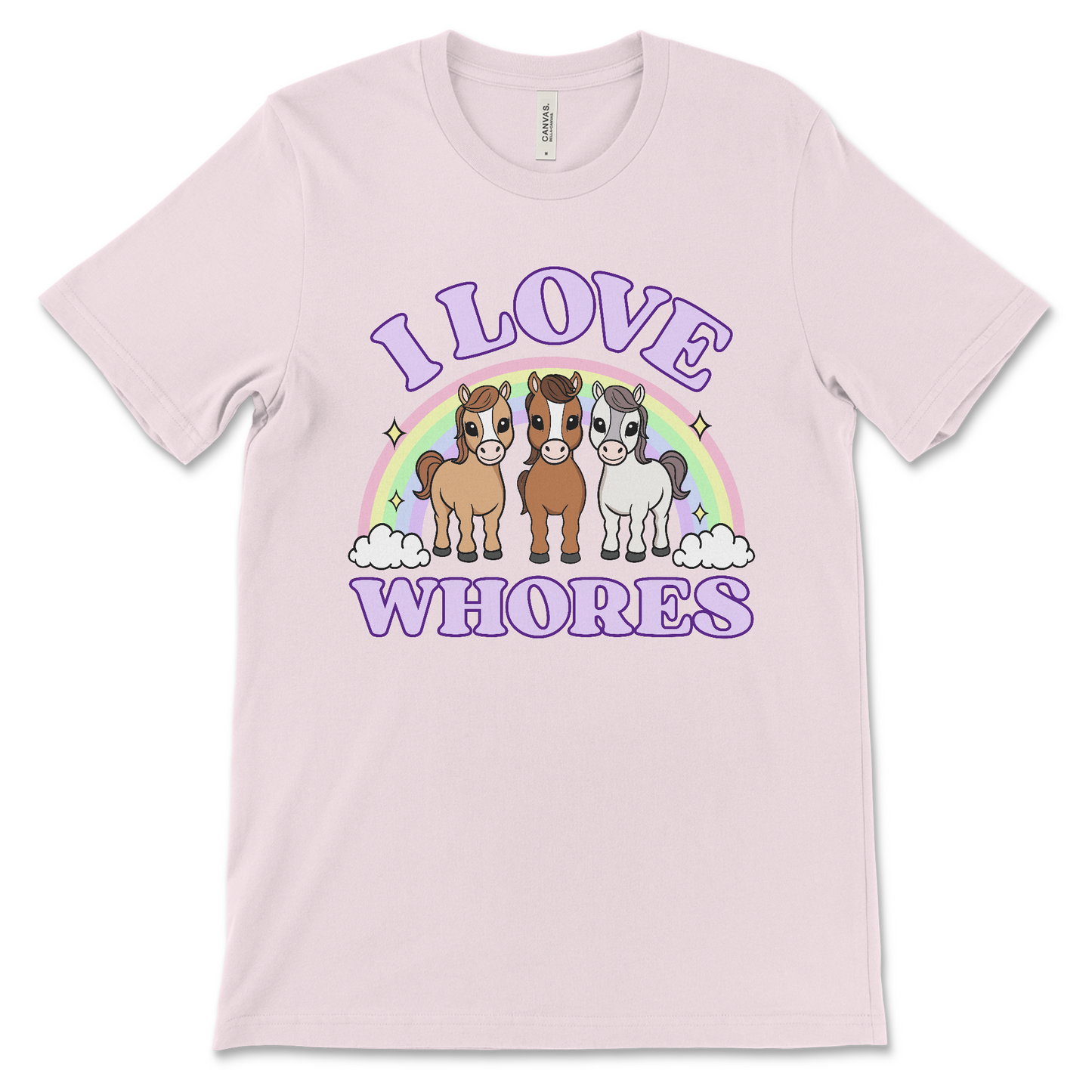 I Love Whores shirt with cartoon horses, dirty adult humor graphic tee, offensive novelty apparel, NSFW inappropriate joke t-shirt.