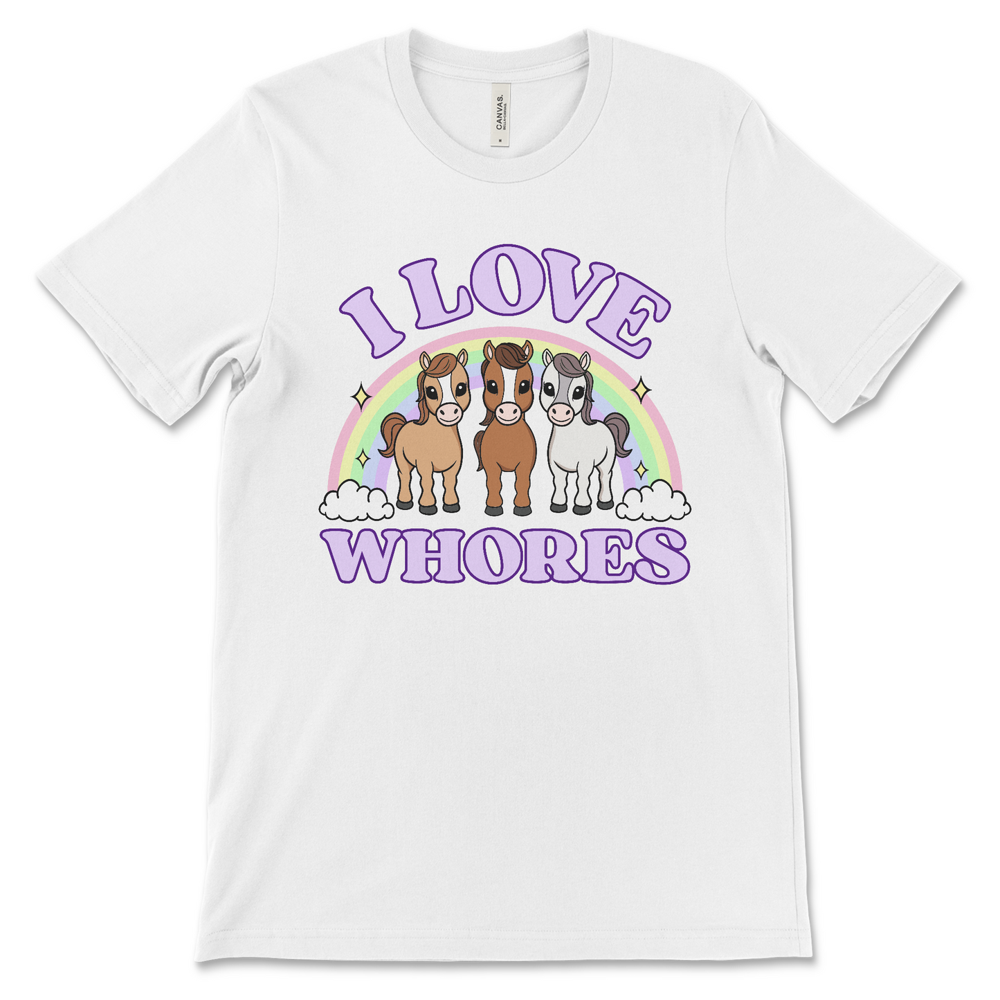 I Love Whores shirt with cartoon horses, dirty adult humor graphic tee, offensive novelty apparel, NSFW inappropriate joke t-shirt.
