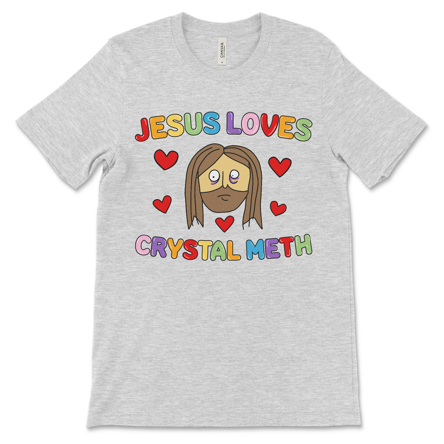 Jesus Loves Crystal Meth shirt, an offensive religious t shirt with drug humor, and Jesus meme vibes.