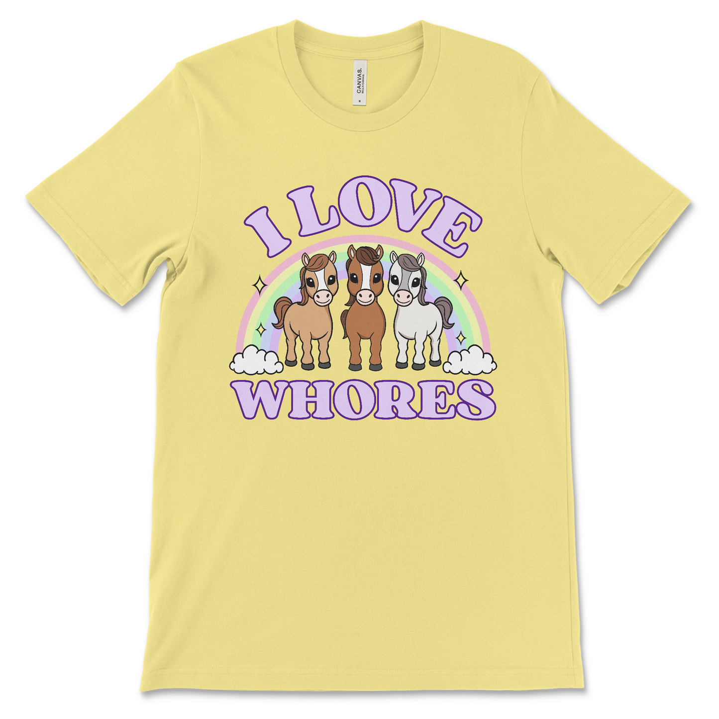 I Love Whores shirt with cartoon horses, dirty adult humor graphic tee, offensive novelty apparel, NSFW inappropriate joke t-shirt.