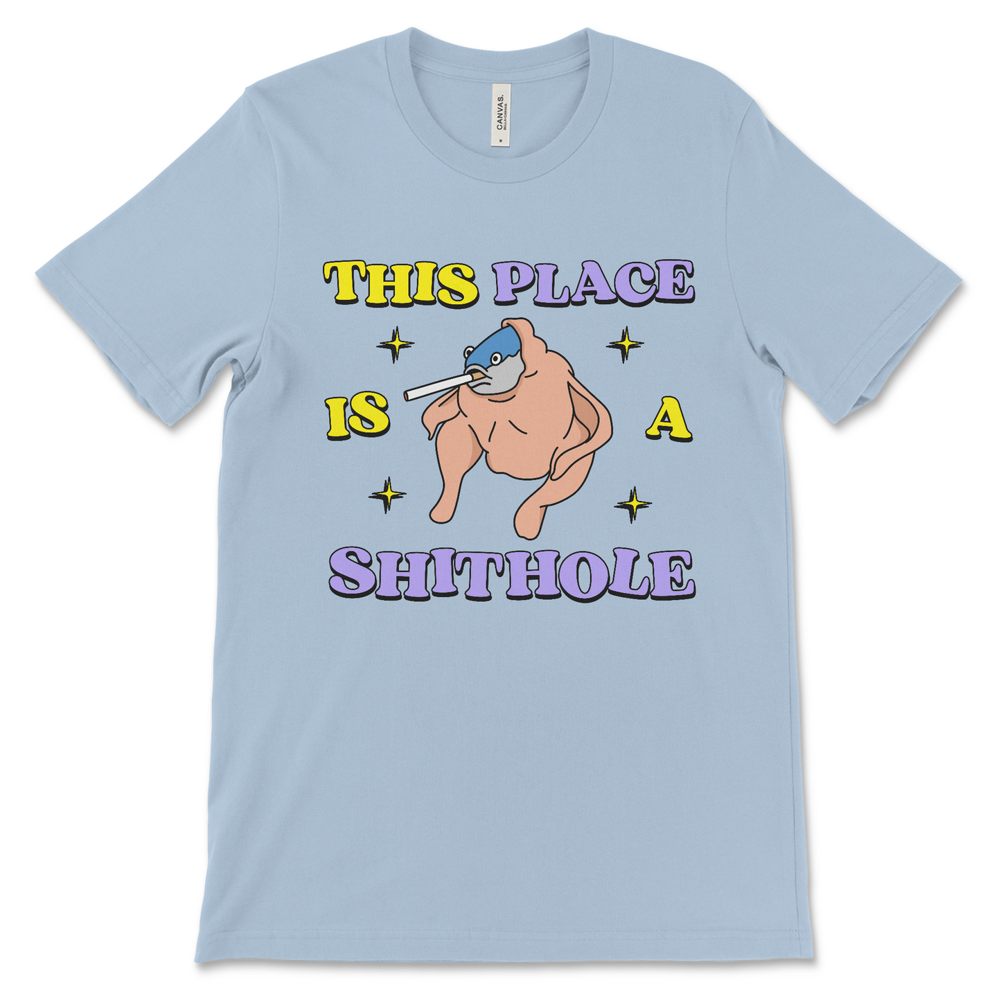 This surreal This Place Is a Shithole shirt political satire anti-USA graphic tee, is an offensive dark humor t-shirt, anti-establishment joke and inappropriate novelty shirt.