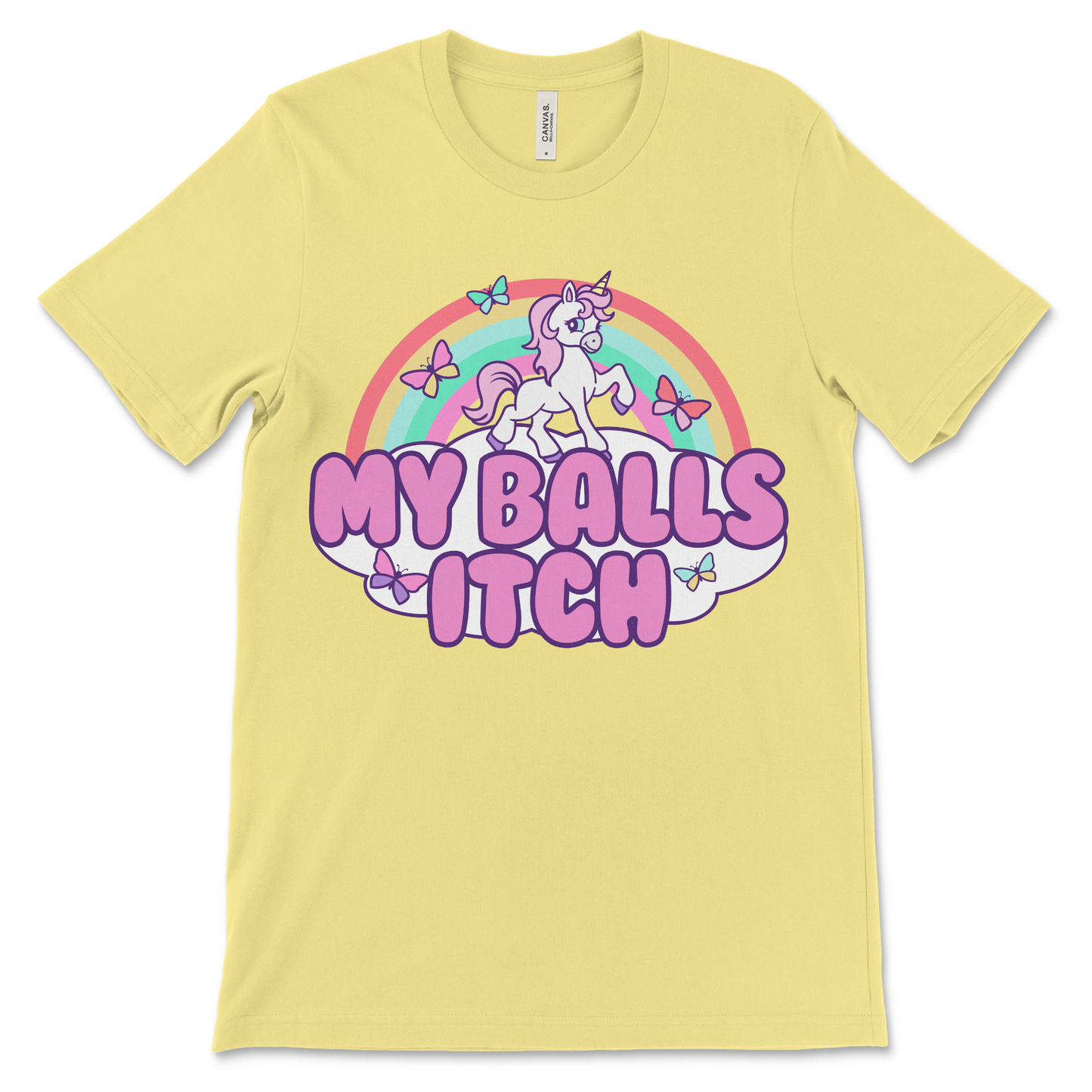 Cursed meme t-shirt with a distressed unicorn graphic and the phrase “My Balls Itch.” Great for lovers of offensive animal shirts, absurd internet humor, and surreal novelty clothing.