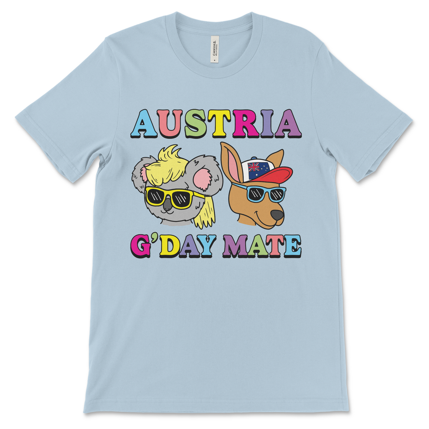 Funny Aussie shirt labeled Austria in a strange and random twist of geography. A nonsense Engrish-style mix-up that’s as odd and bizarre as wearing a kangaroo and koala at the same time.