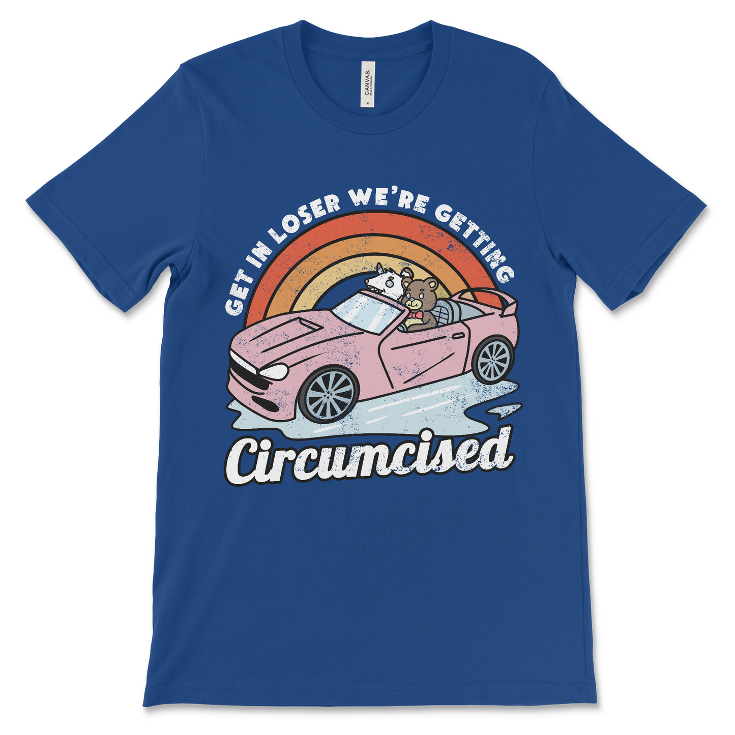 Offensive meme shirt that says “Get in loser, we’re getting circumcised,” dark humor t-shirt with circumcision joke and cursed t shirt vibes.
