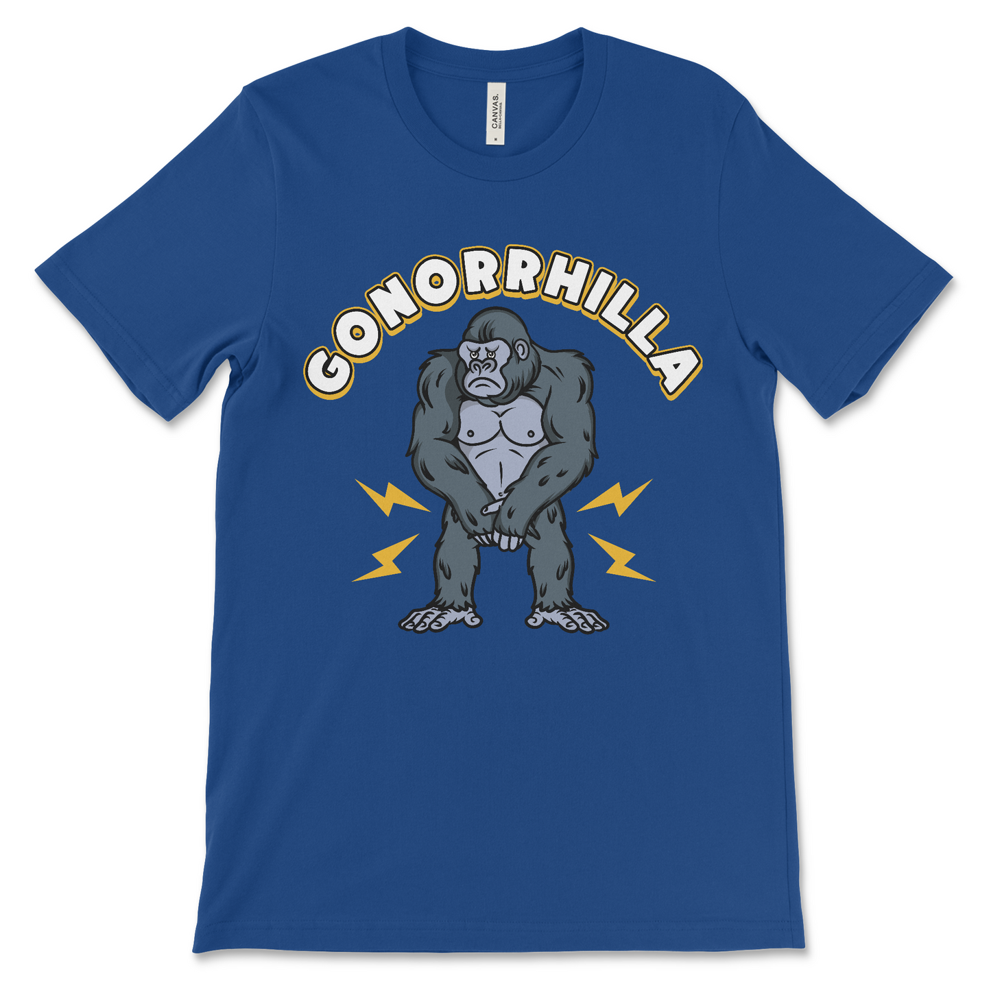 Bizarre and crude animal pun t-shirt with a gorilla infected by gonorrhea, for lovers of internet trash humor and cursed fashion.
