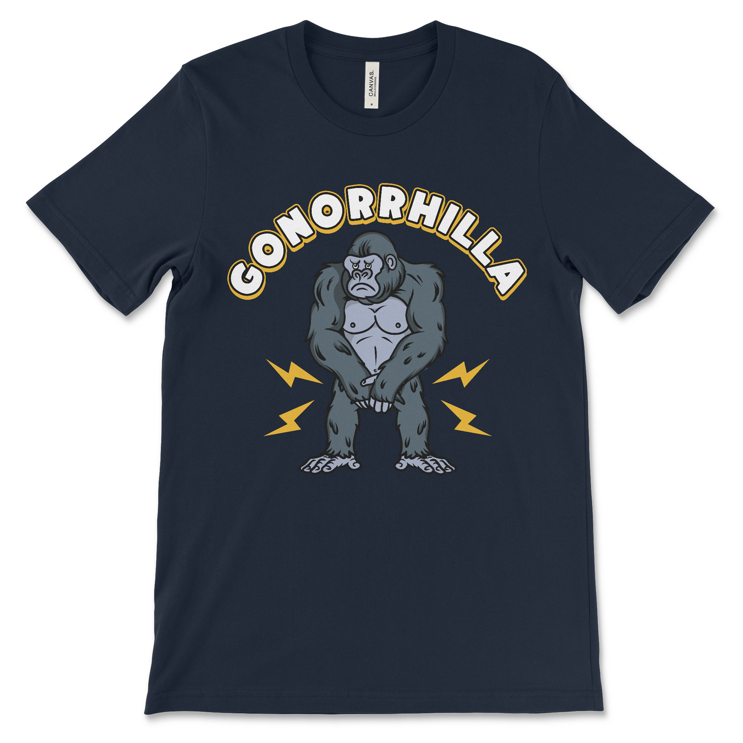 Funny gonorrhilla shirt featuring a sick gorilla with gonorrhea, gross meme tee with dark humor and STD pun