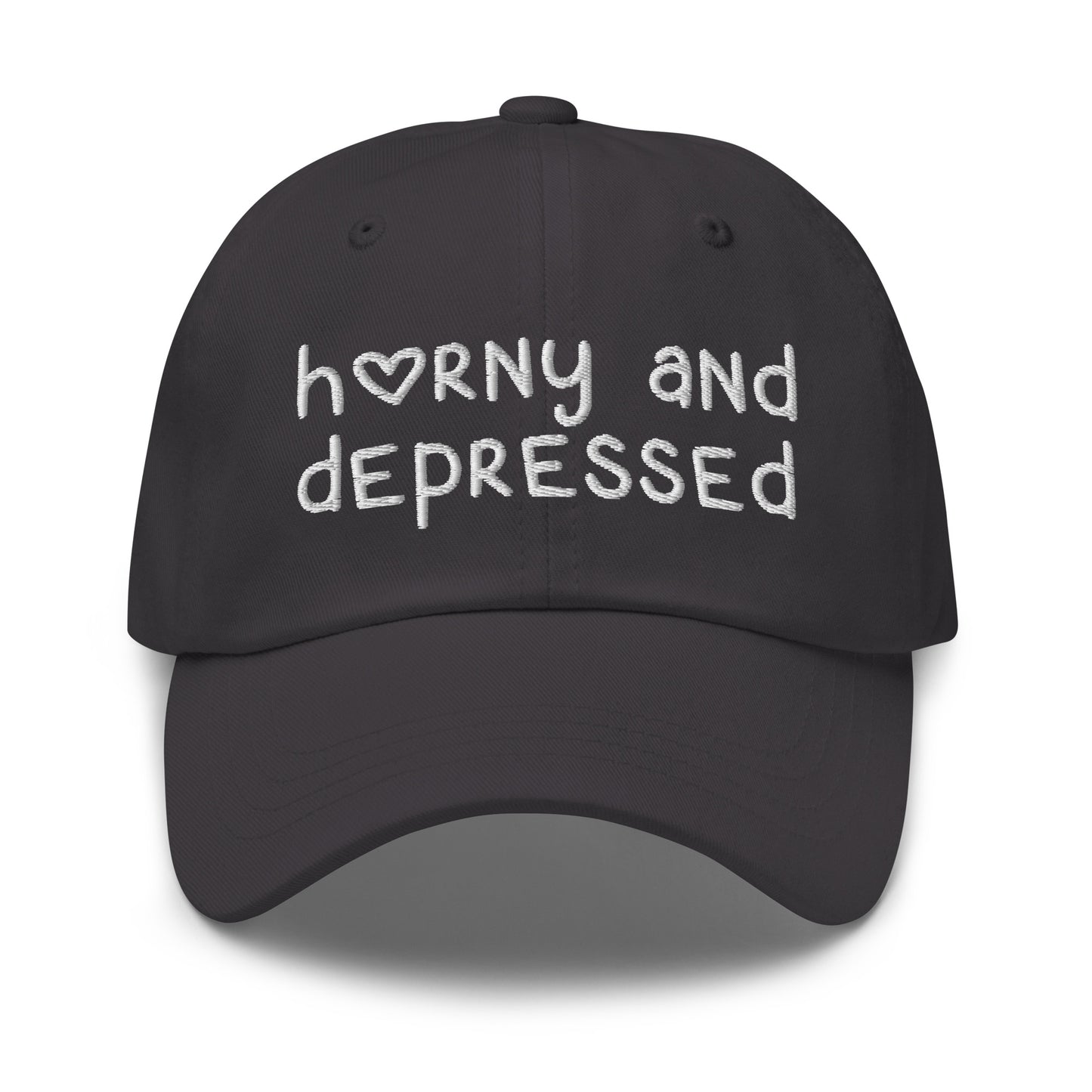 Funny embroidered dad hat with Horny and Depressed text, meme hat with offensive quote.