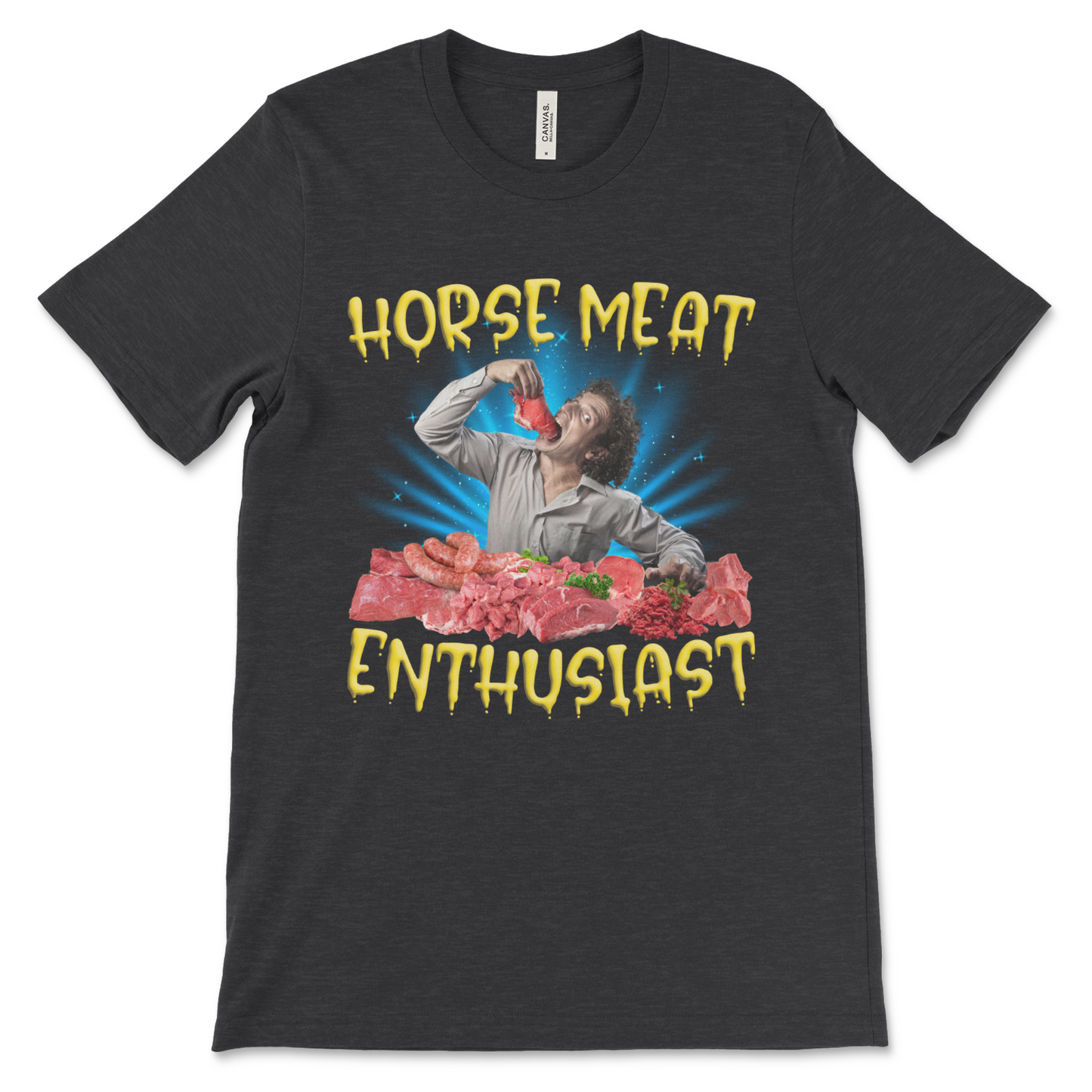 Random absurdist graphic t-shirt, Horse Meat Enthusiast meme shirt for fans of disturbing humor