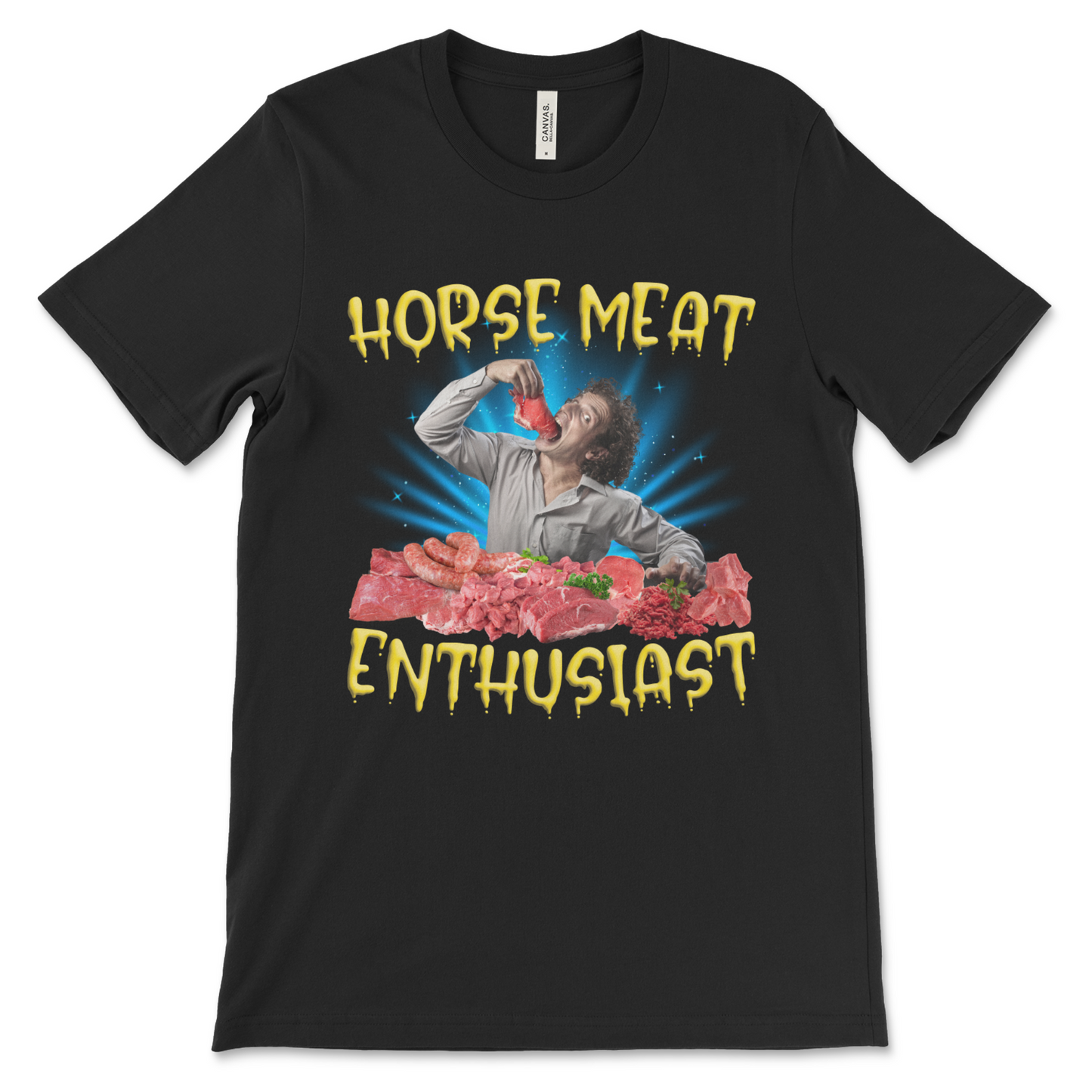Horse Meat Enthusiast shirt with dark humor design, absurd meme t-shirt, weird graphic top for comedy fans