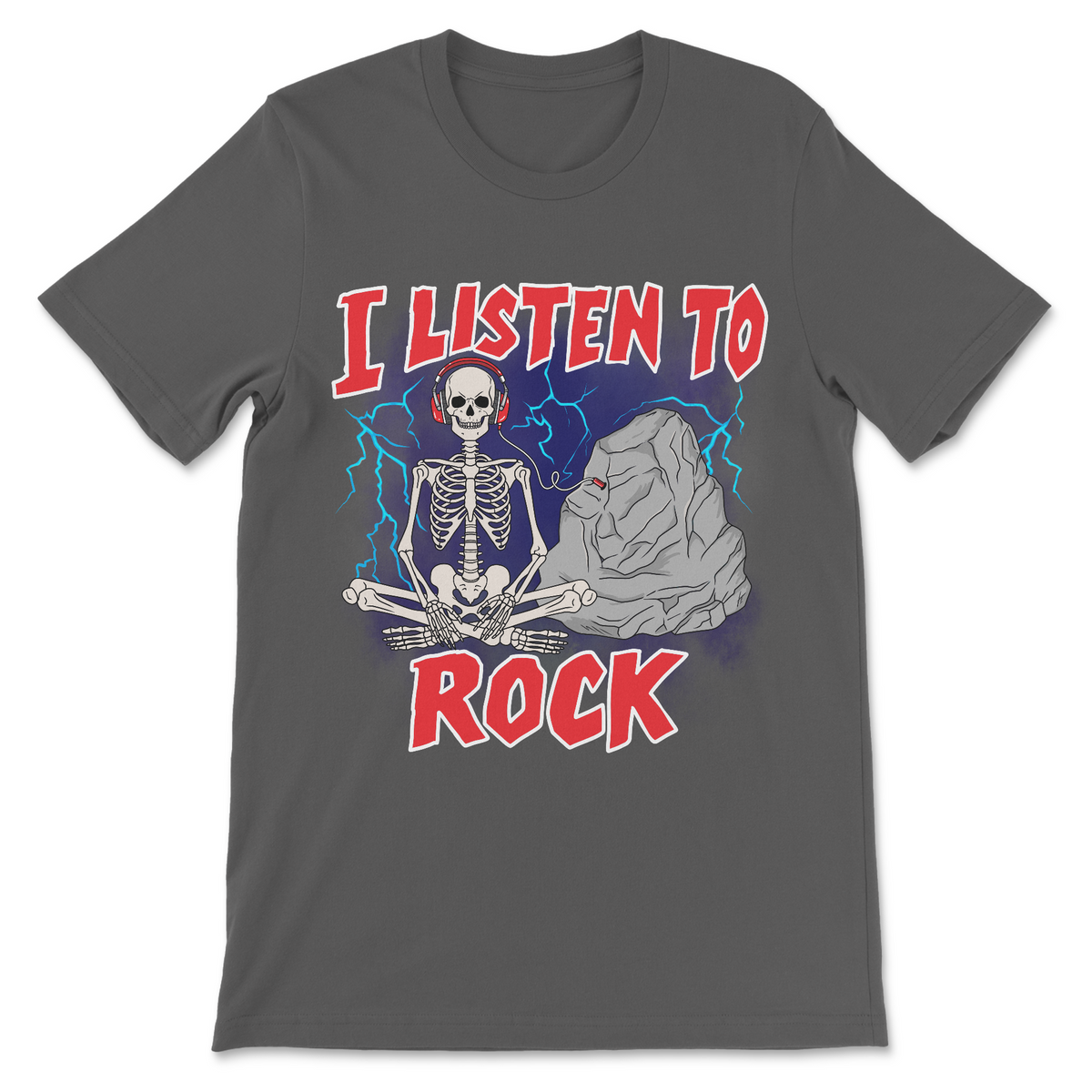Funny meme shirt featuring skeleton listening to a rock