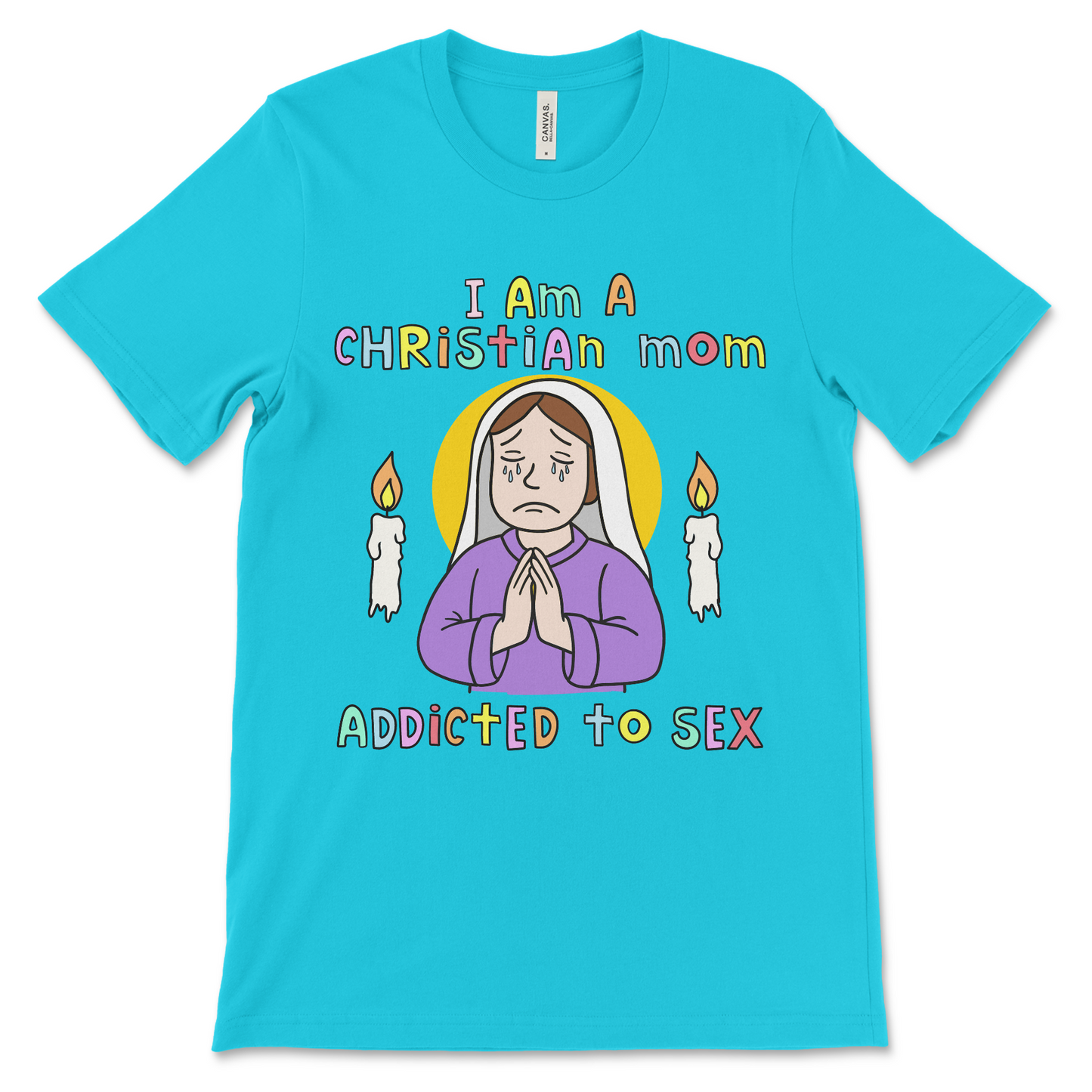 Shirt says “I Am a Christian Mom Addicted to Sex” in funny text for maximum offense. A funny atheist shirt that doubles as a dirty gift for women who love sexual humor and edgy jokes. Great for adult party shirts, inappropriate t-shirt collections, or religious satire fans.