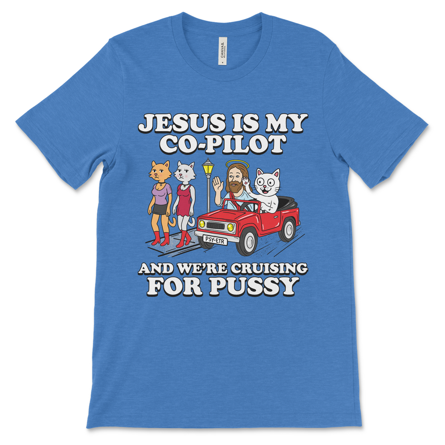 raunchy dark humor shirt with Jesus Is My Co-Pilot slogan, offensive meme tees.