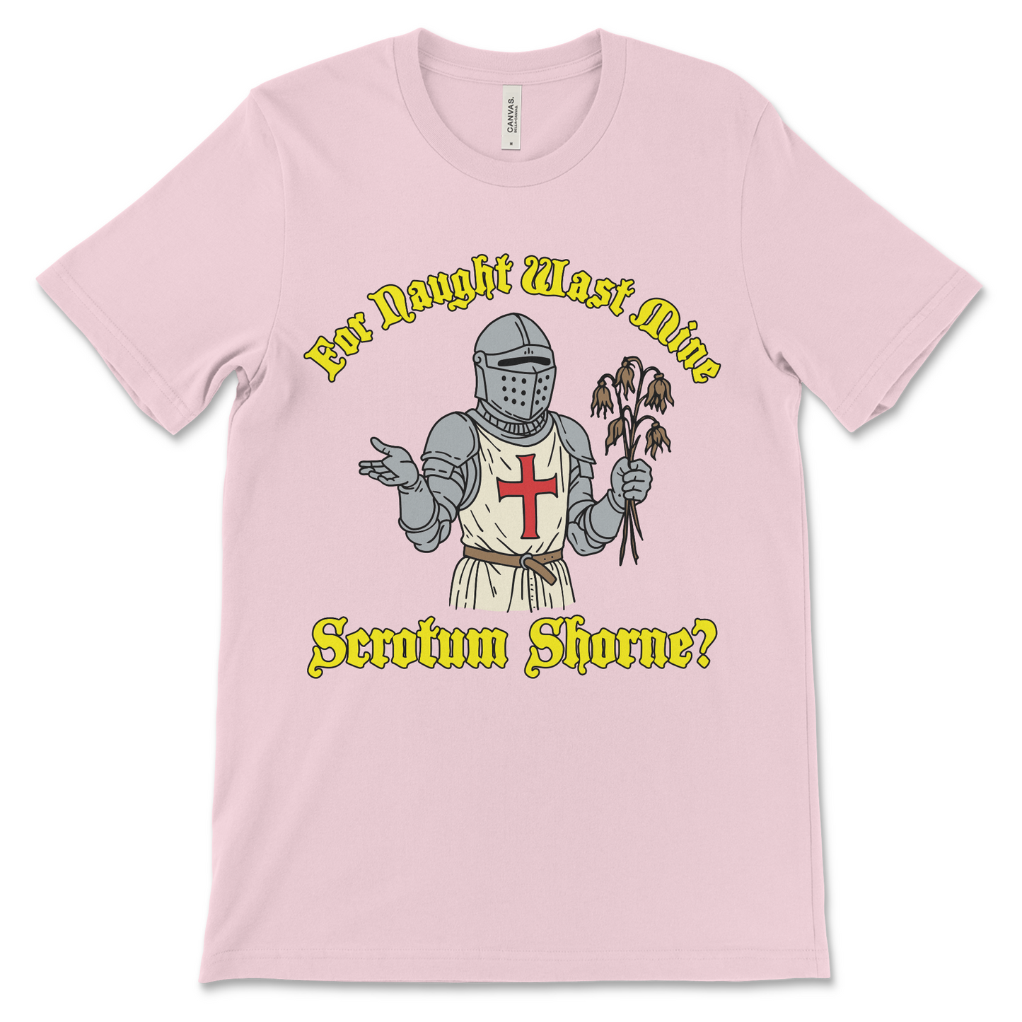 offensive scrotum joke shirt with medieval text design