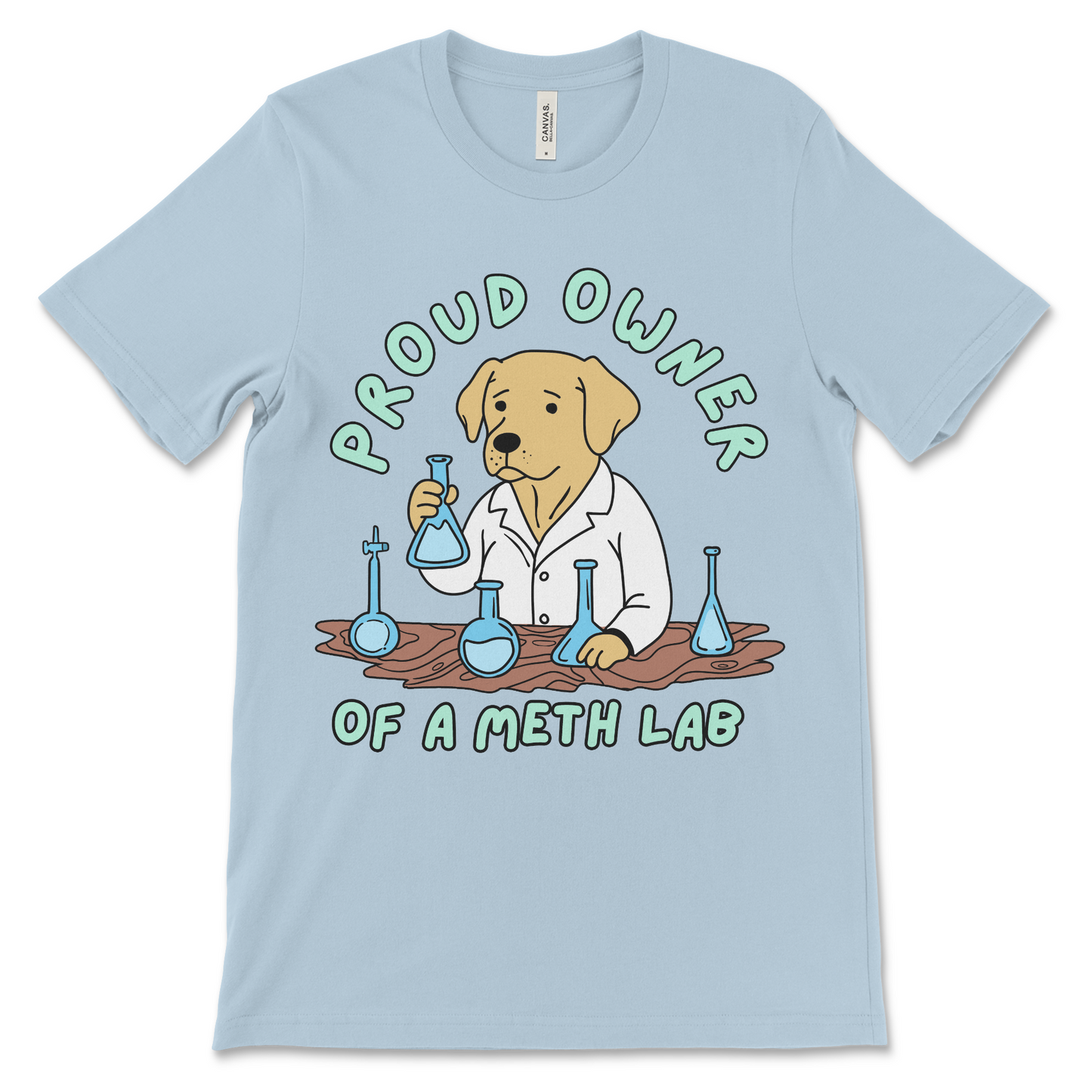 Cursed meme shirt with a dog in a meth lab setting. Made for people who wear funny t-shirts with controversial slogans.