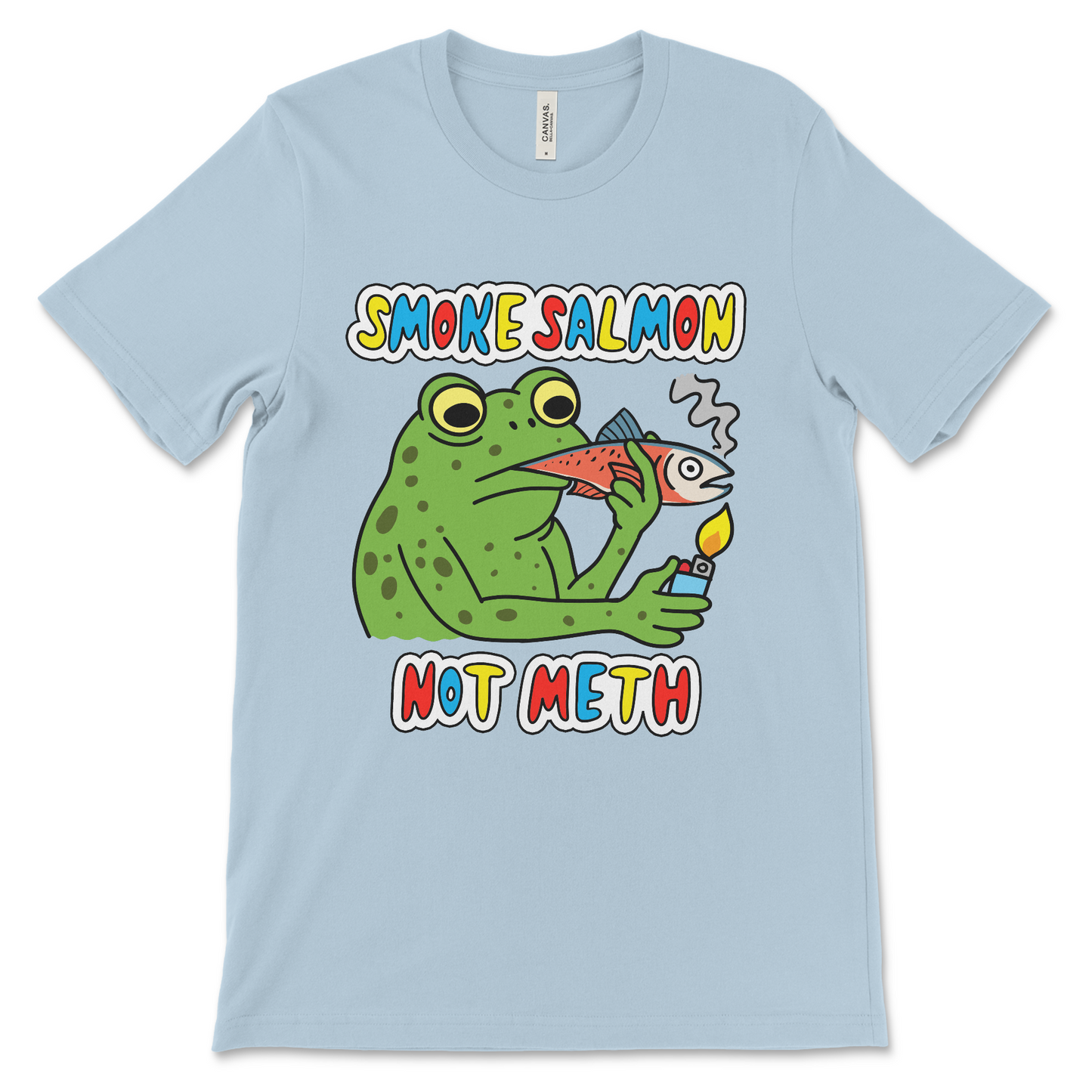 Cursed meme shirt showing a frog using a salmon as a joint. Ideal for fans of ridiculous, eye-catching, and inappropriate graphic tees.