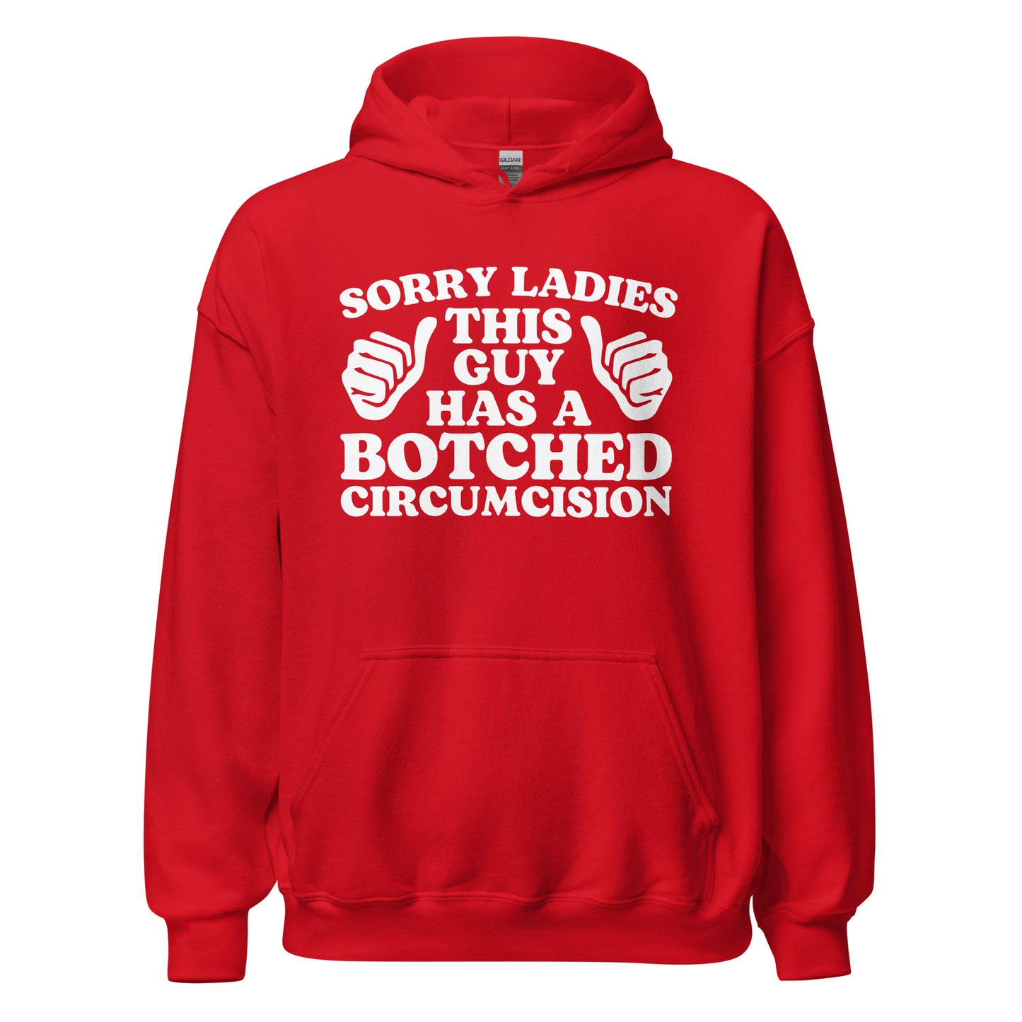 Cringey graphic hoodie that pushes the limit of weird adult humor fashion with a truly embarrassing slogan.