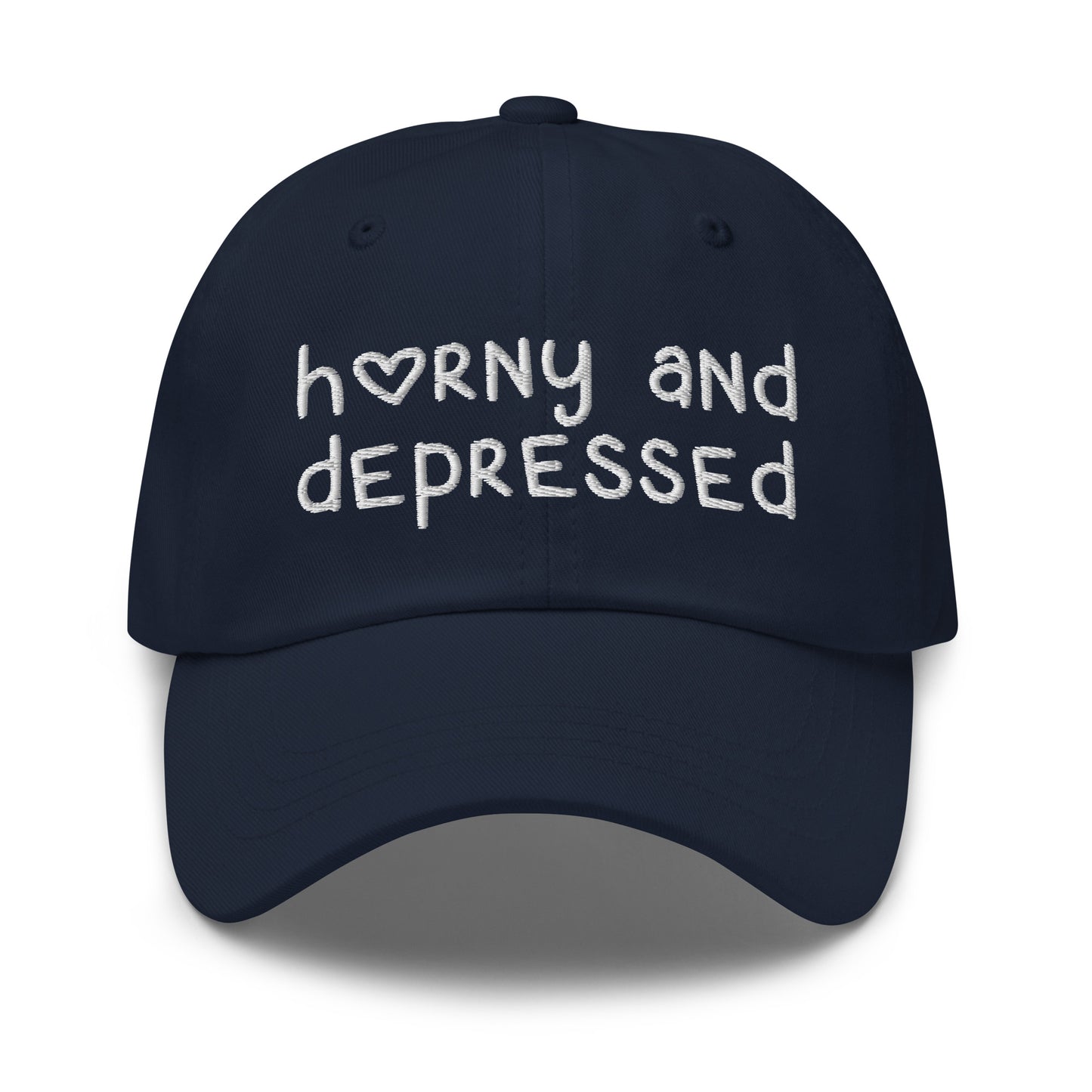 Funny embroidered dad hat with Horny and Depressed text, meme hat with offensive quote.