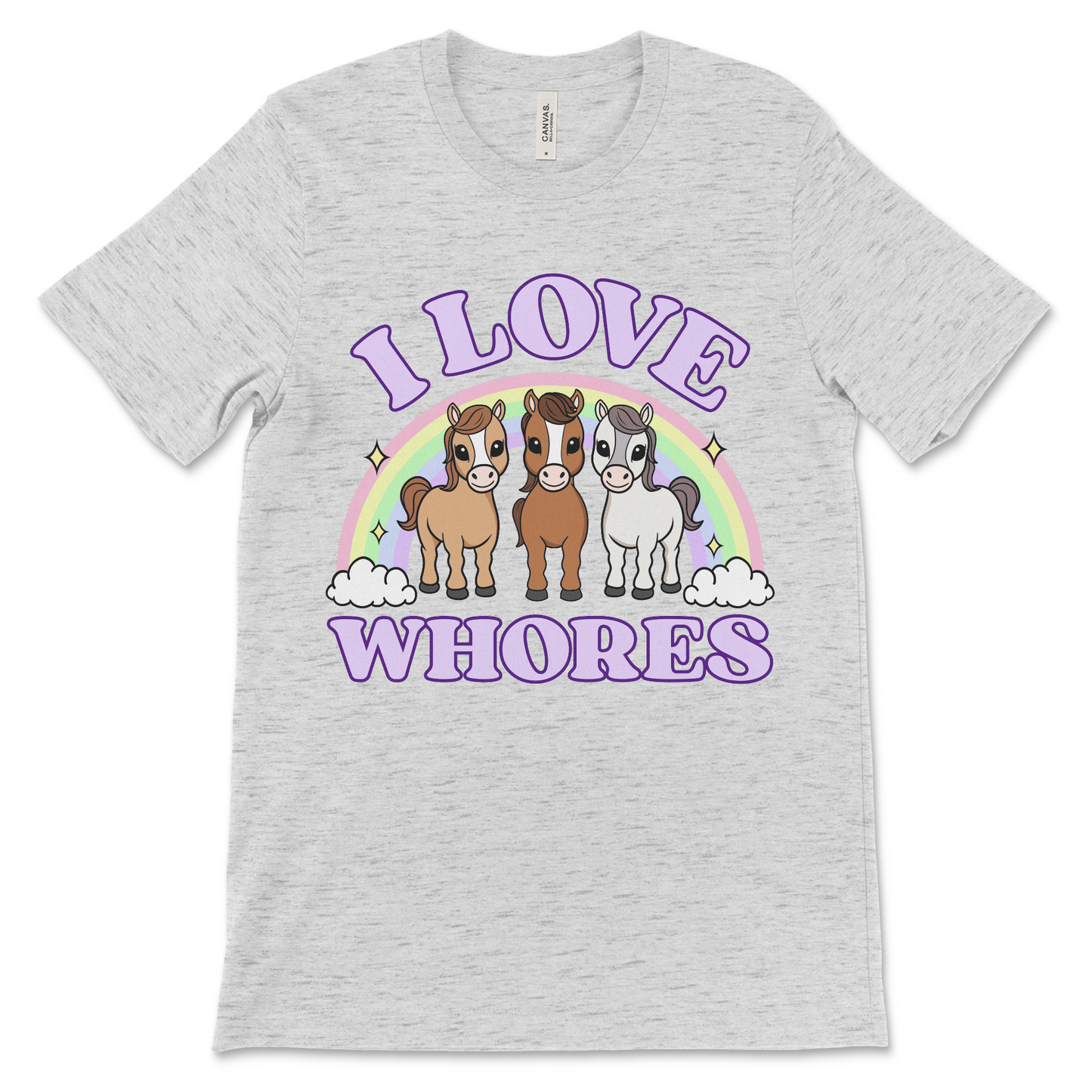 Inappropriate tshirt with I Love Whores text and horse illustration, combining cute and filthy humor.