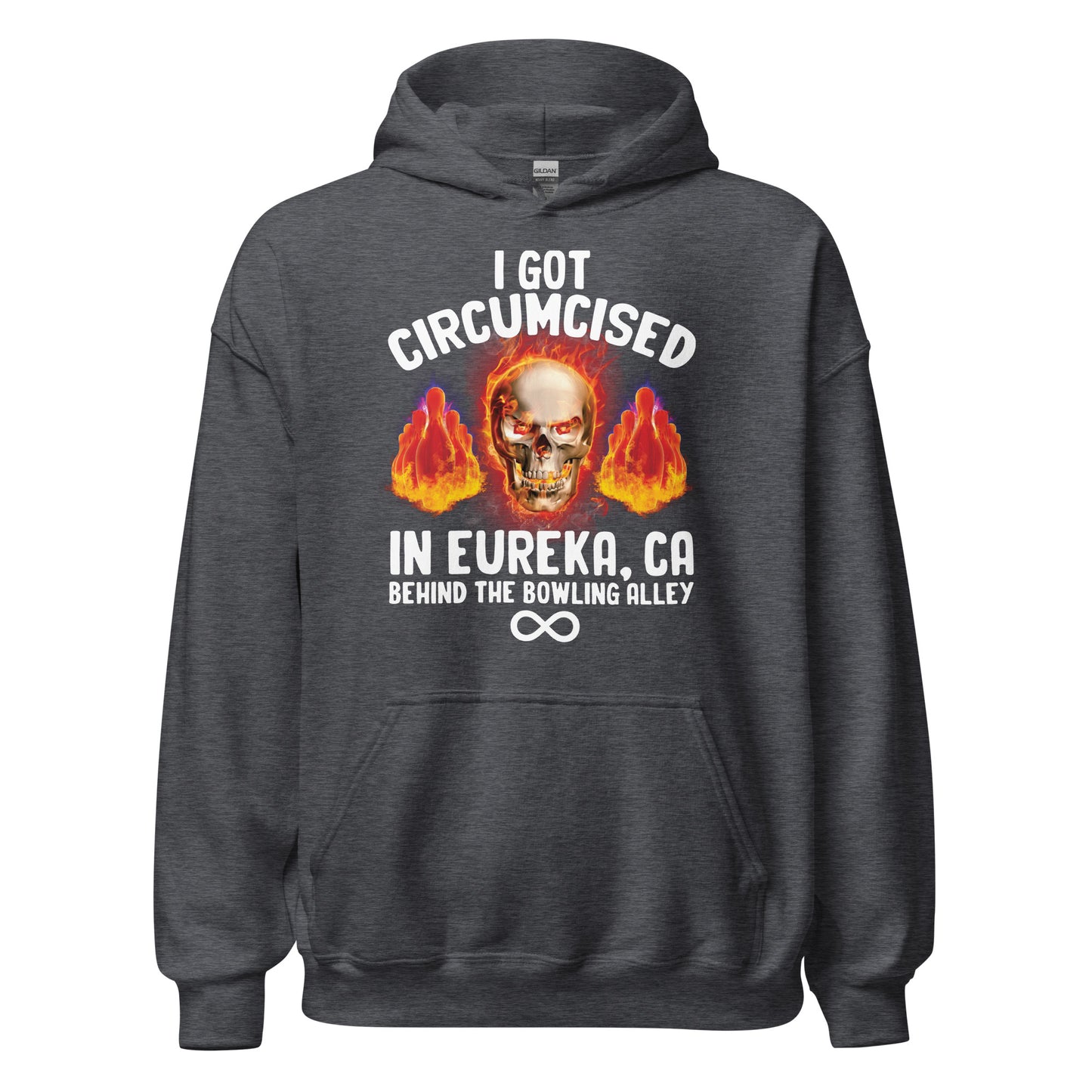 Dark humor hoodie with an inappropriate message about getting circumcised behind a bowling alley. Controversial sweatshirt for people who wear offensive apparel.
