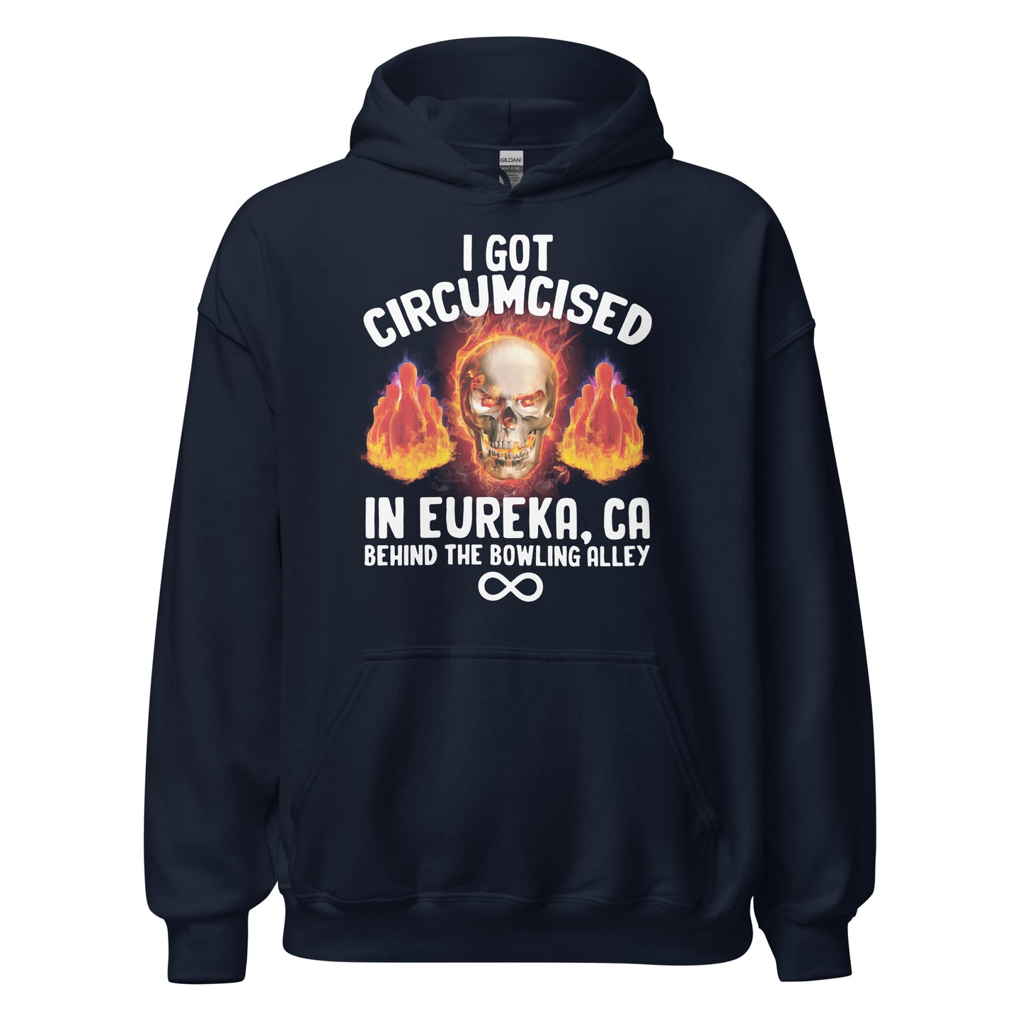 Funny adult hoodie with vulgar slogan referencing circumcision and a specific location in Eureka, California. Ideal for fans of weird meme clothing and unhinged humor.