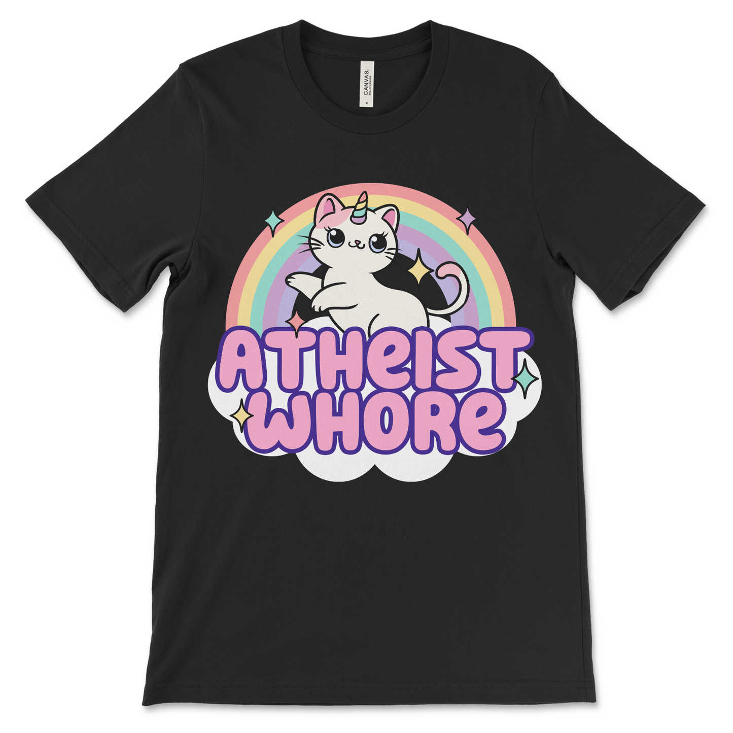 Ironic atheist whore graphic tee, funny offensive shirt with sarcastic humor.