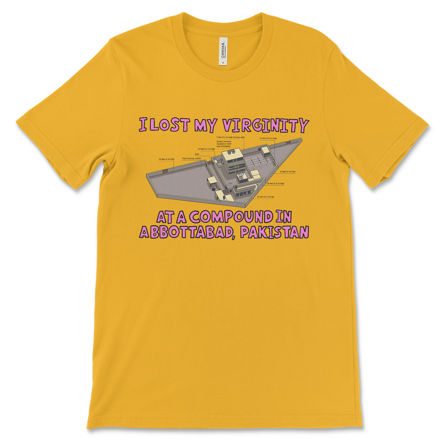 funny 9/11 shirt that says I Lost My Virginity at a Compound in Abbottabad offensive meme shirt with dark humor political joke and inappropriate quote about 9/11 and osama bin Laden