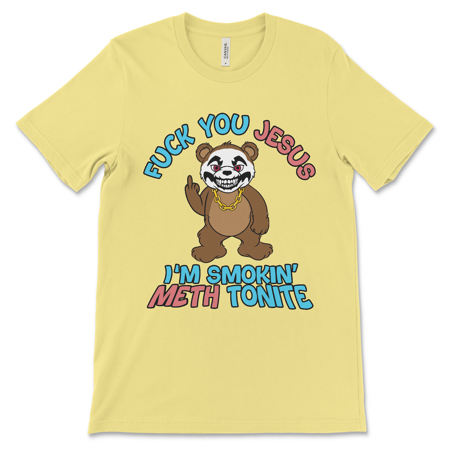 Dark humor Jesus t-shirt with vulgar drug slogan and rude design