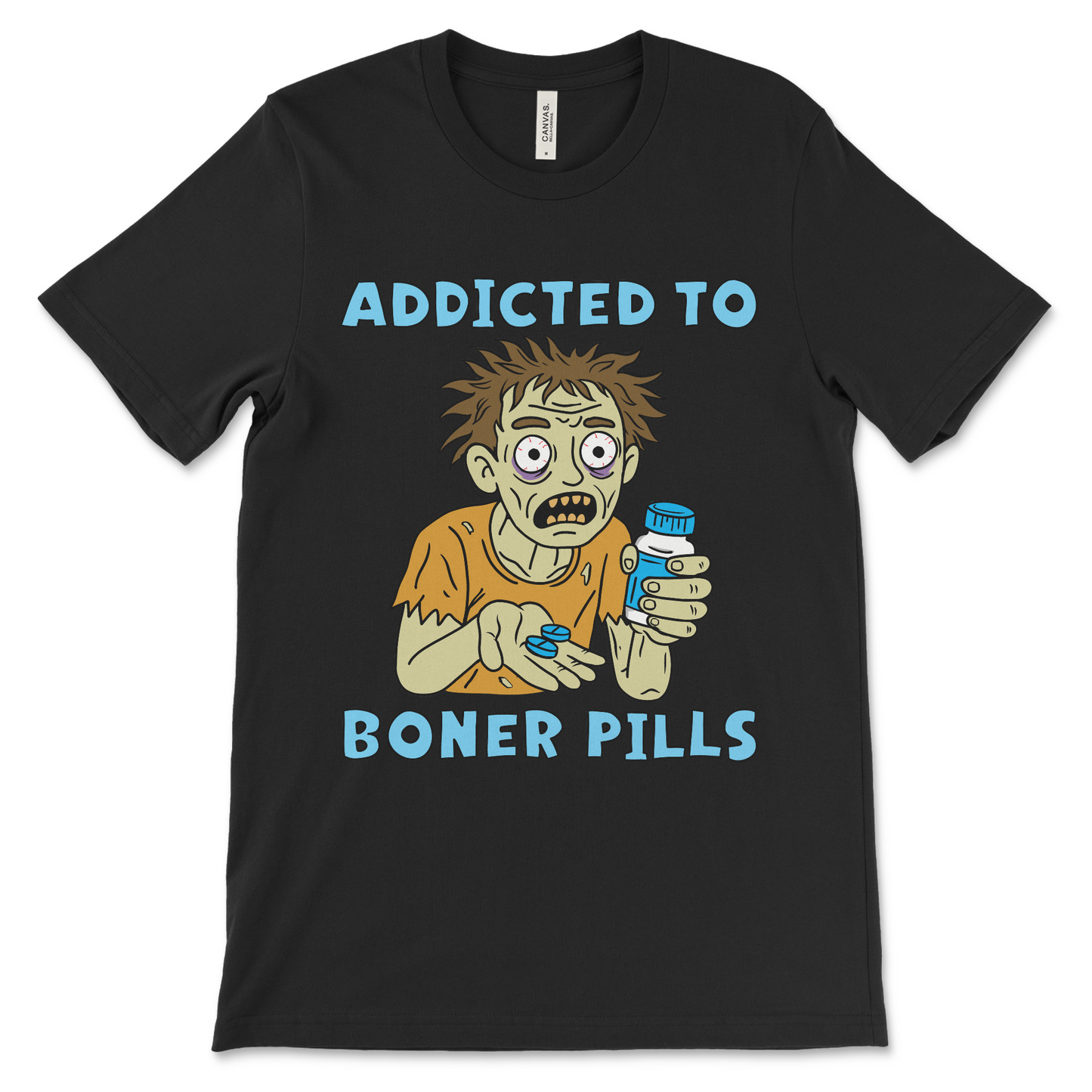 Offensive graphic T-shirt that says “Addicted to Boner Pills,” meme shirt with rude humor, dark edgy streetwear