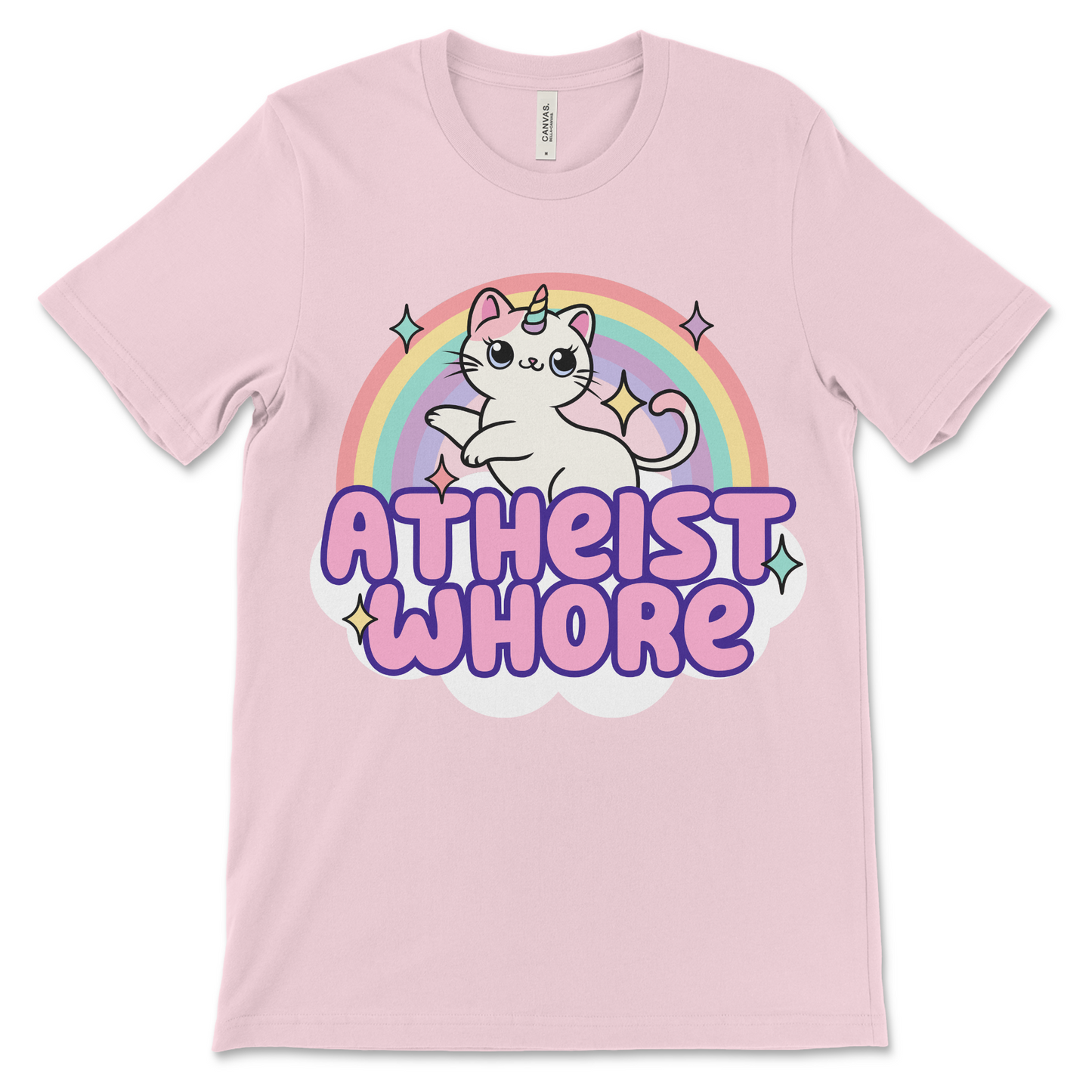 Offensive atheist whore shirt with sarcastic design and cringe humor.