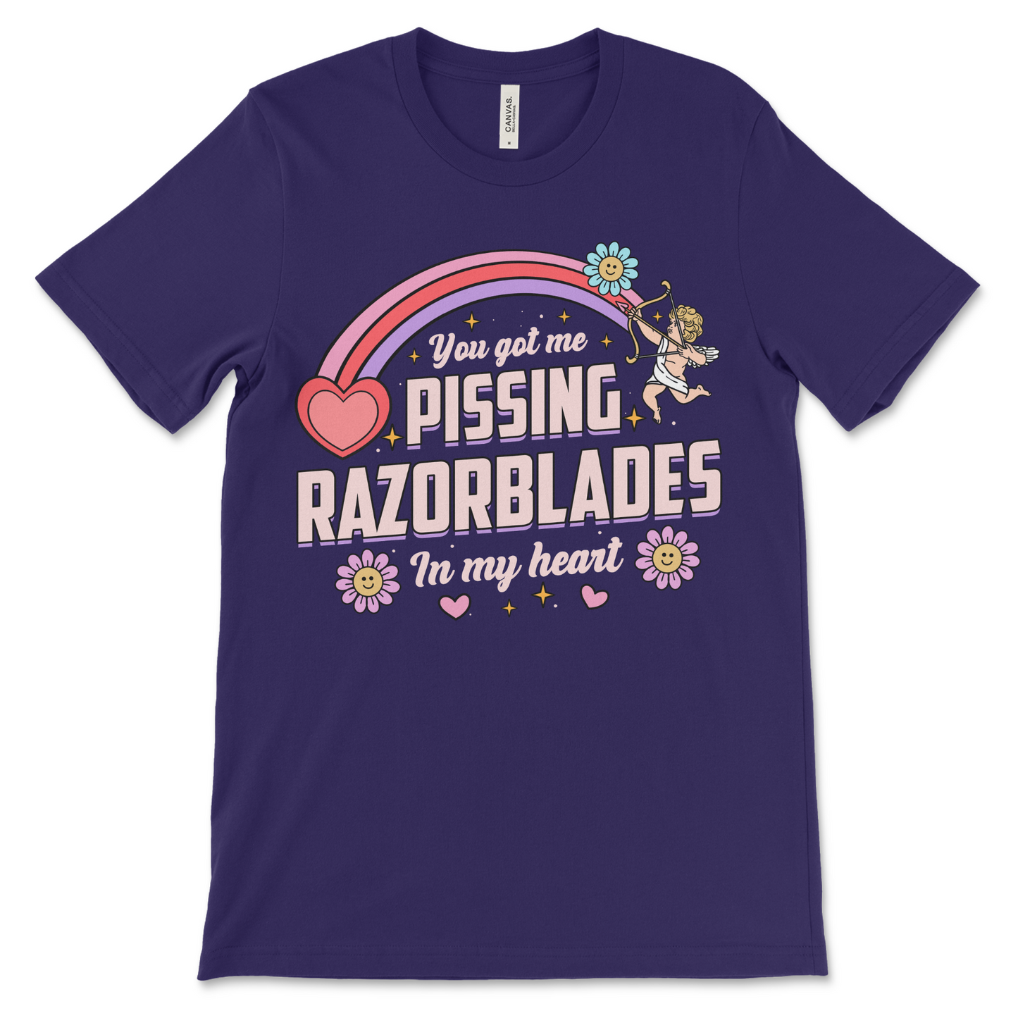 purple t shirt with the phrase “Pissing Razorblades,” obnoxious and really offensive design, inappropriate dark humor shirt, weird funny couples gift and raunchy dirty adult humor shirt.