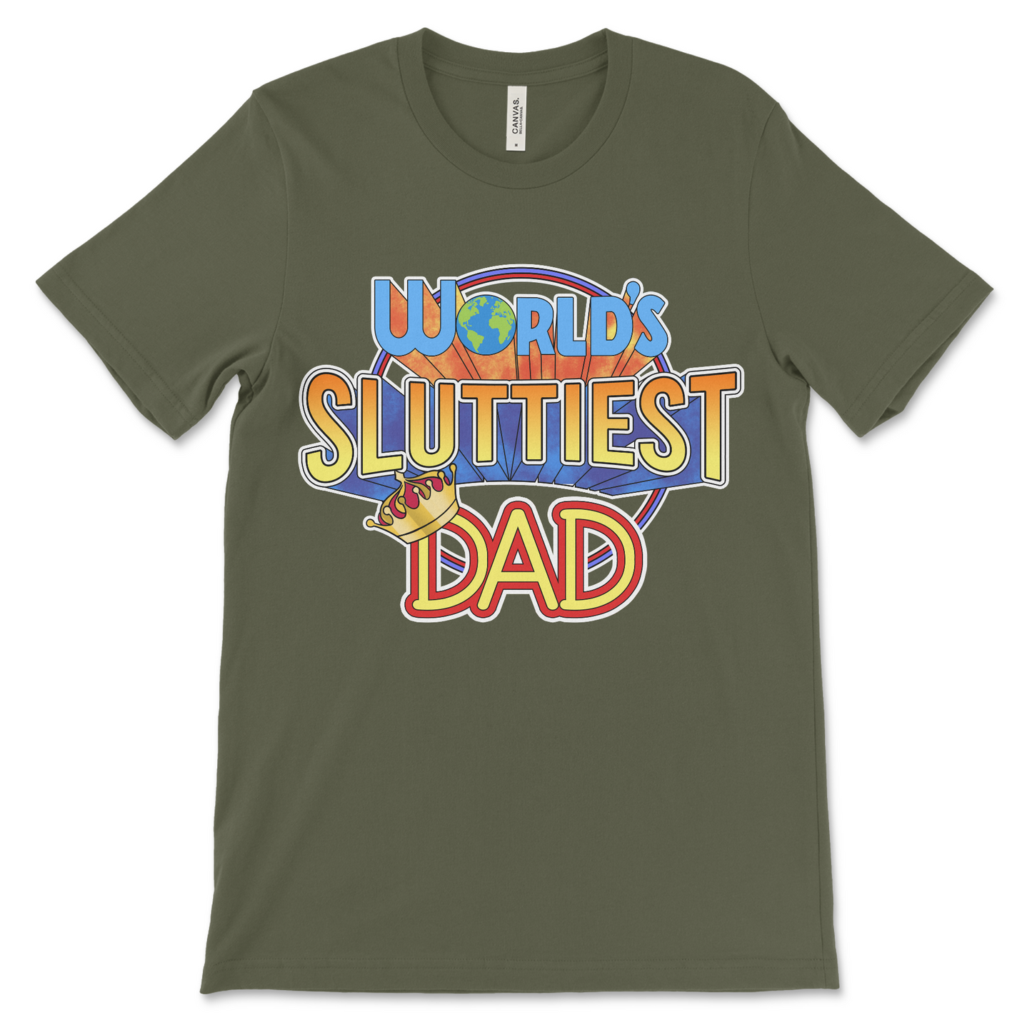 T shirt with “World’s Sluttiest Dad” text, dirty and raunchy dad humor design with funny and inappropriate adult vibes.
