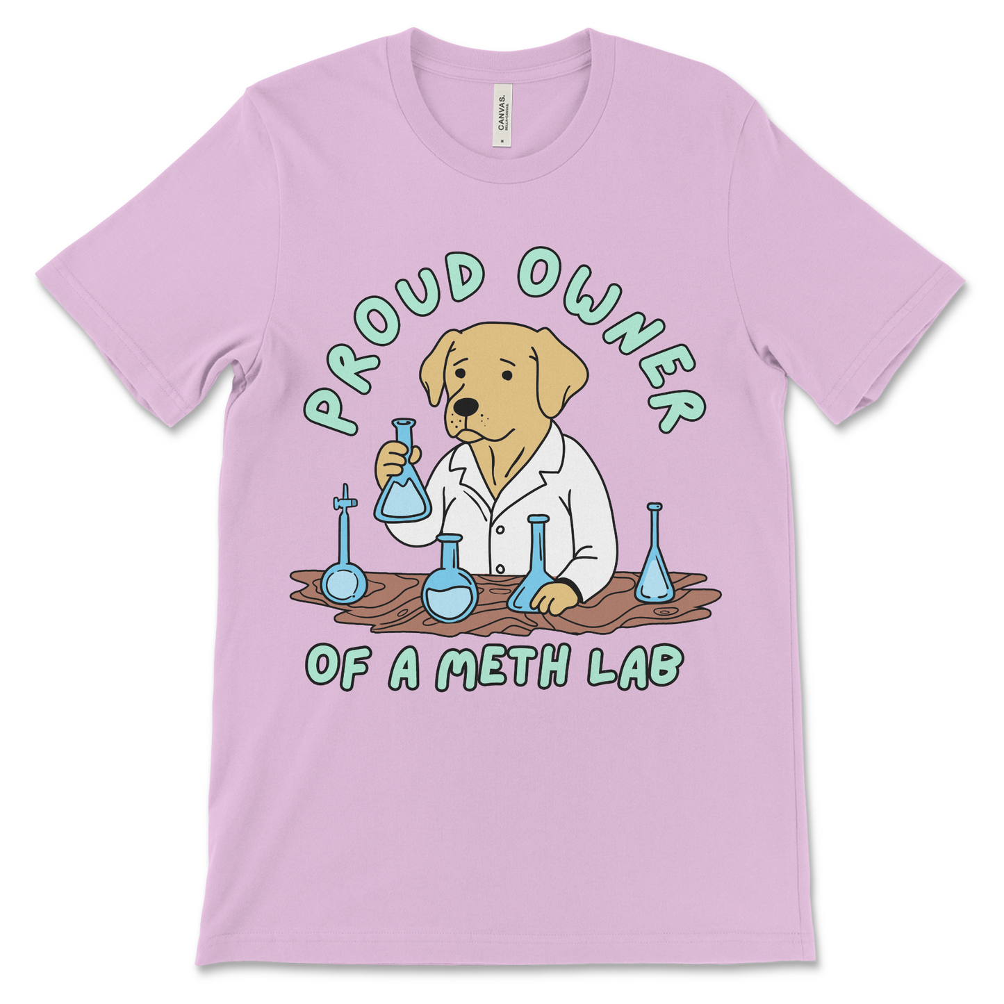 Methamphetamine t-shirt with a Labrador mascot cooking meth. Great for fans of unhinged shirts and drug tshirts.