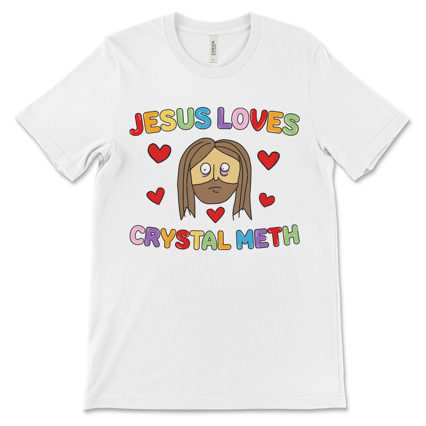 Jesus Loves Crystal Meth shirt, an offensive religious t shirt with drug humor, and Jesus meme vibes.