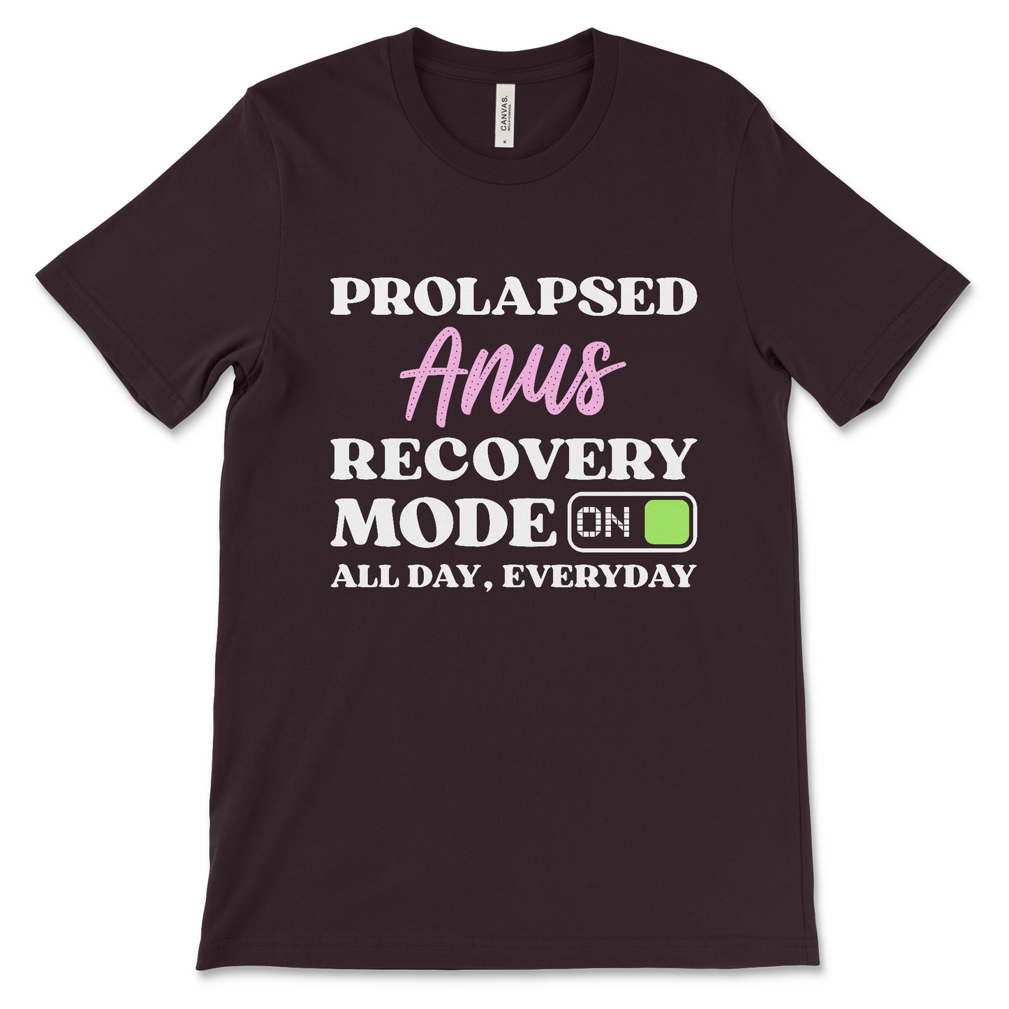 Prolapsed Anus Recovery Mode On graphic T-shirt, offensive dark humor shirt with sarcastic gag gift message, displayed flat.