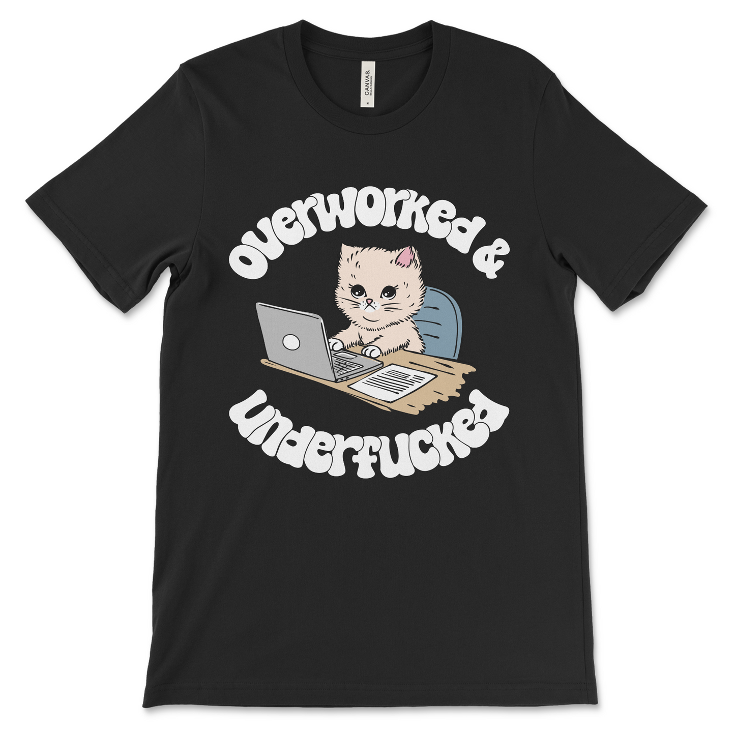 Overworked and Underfucked shirt, funny vulgar graphic tee with kitten design.