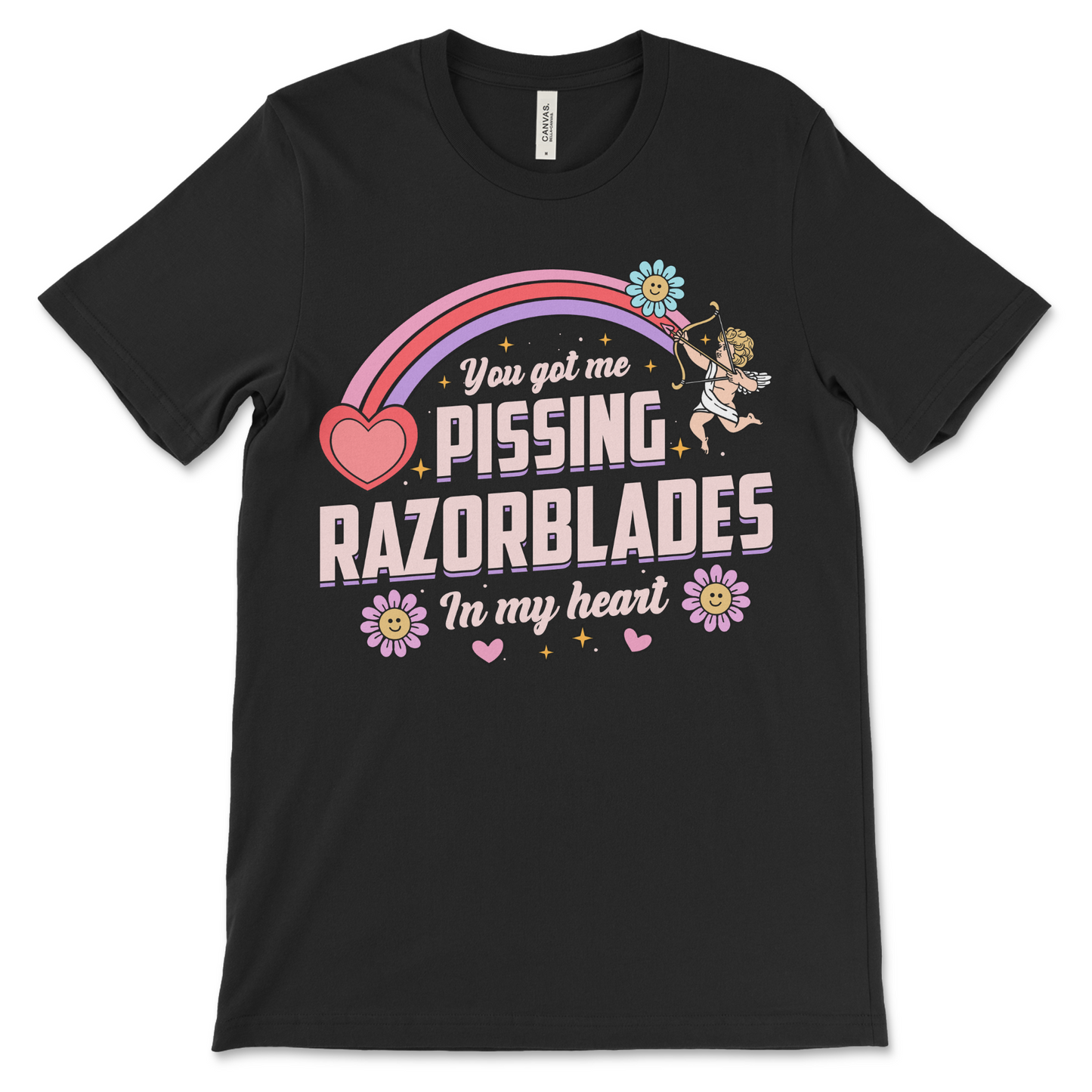 black t shirt with the phrase “Pissing Razorblades,” obnoxious and really offensive design, inappropriate dark humor shirt, weird funny couples gift and raunchy dirty adult humor shirt.