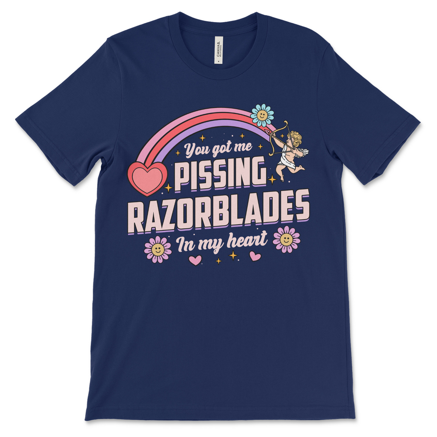 navy t shirt with the phrase “Pissing Razorblades,” obnoxious and really offensive design, inappropriate dark humor shirt, weird funny couples gift and raunchy dirty adult humor shirt.