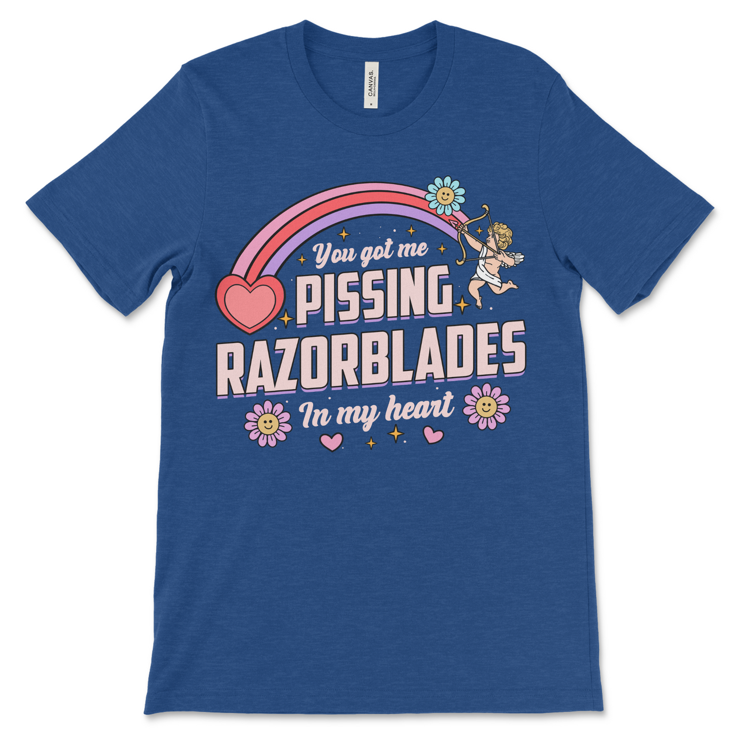 heather royal t shirt with the phrase “Pissing Razorblades,” obnoxious and really offensive design, inappropriate dark humor shirt, weird funny couples gift and raunchy dirty adult humor shirt.