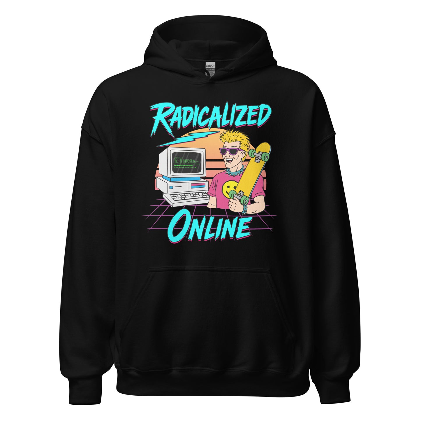 Ironic 80s hoodie making fun of extreme politics and online radicalization