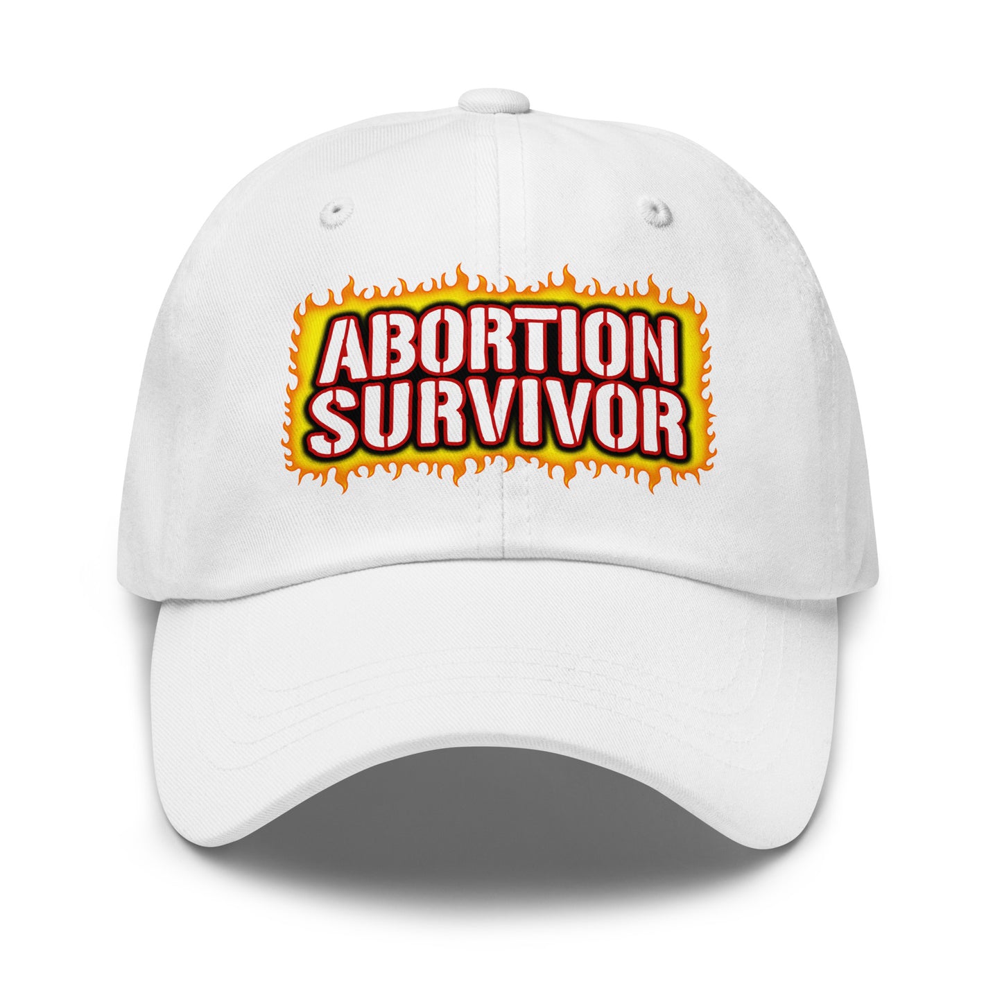 Adjustable dad hat featuring an offensive humor Abortion Survivor design.
