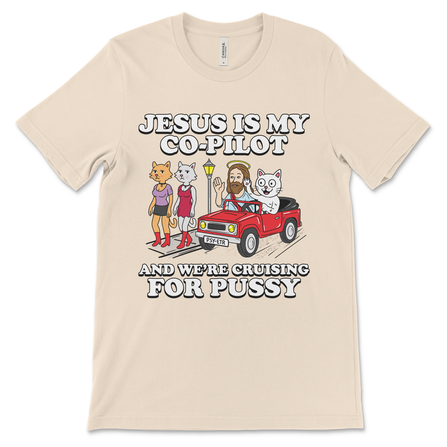 Jesus Is My Co-Pilot Cruising For Pussy t-shirt, offensive graphic apparel and satire meme shirt.
